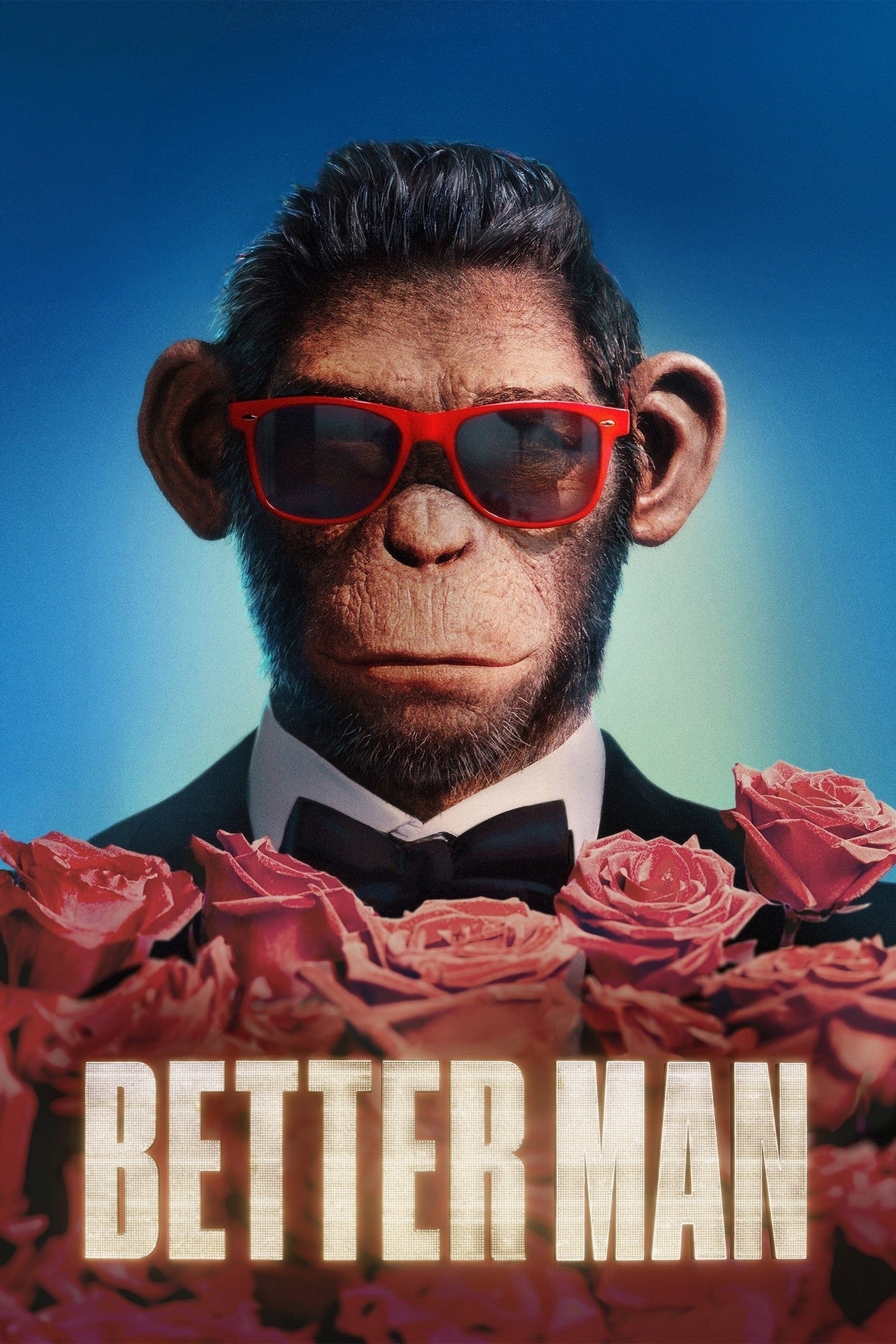 A digitally created image of a chimpanzee with human-like features, styled in a tuxedo with a black bow tie. The chimpanzee has slicked-back hair, wears red sunglasses, and has a serious expression. Surrounding the figure are red roses, and the words “BETTER MAN” are prominently displayed at the bottom in bold, illuminated letters. The background has a smooth gradient of blue tones.