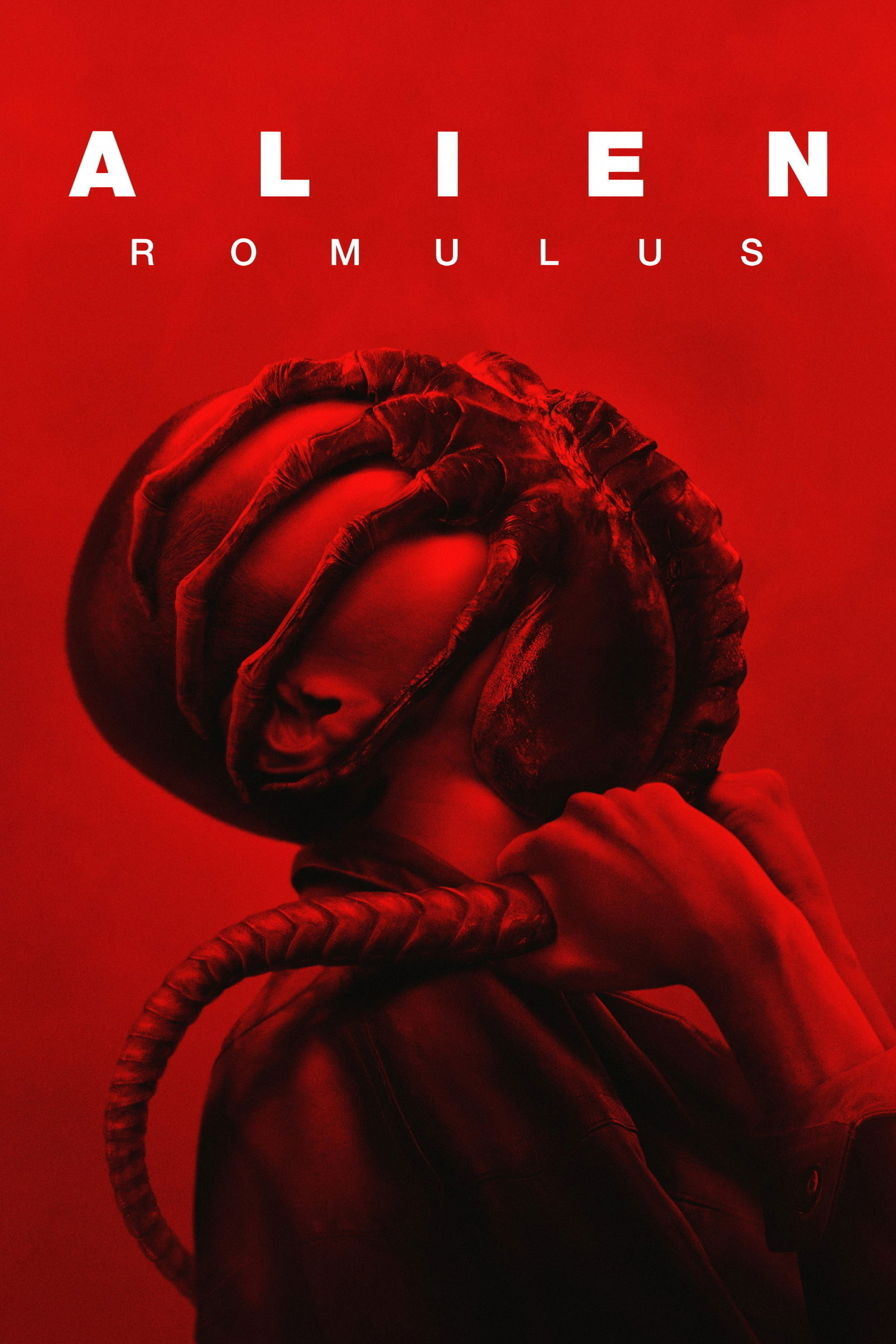 Red-themed poster for "Alien: Romulus." A person is seen with an alien creature attached to their face, with the creature’s tail wrapping around their neck. The title text "ALIEN ROMULUS" is prominently displayed at the top. The image conveys an intense and suspenseful atmosphere.