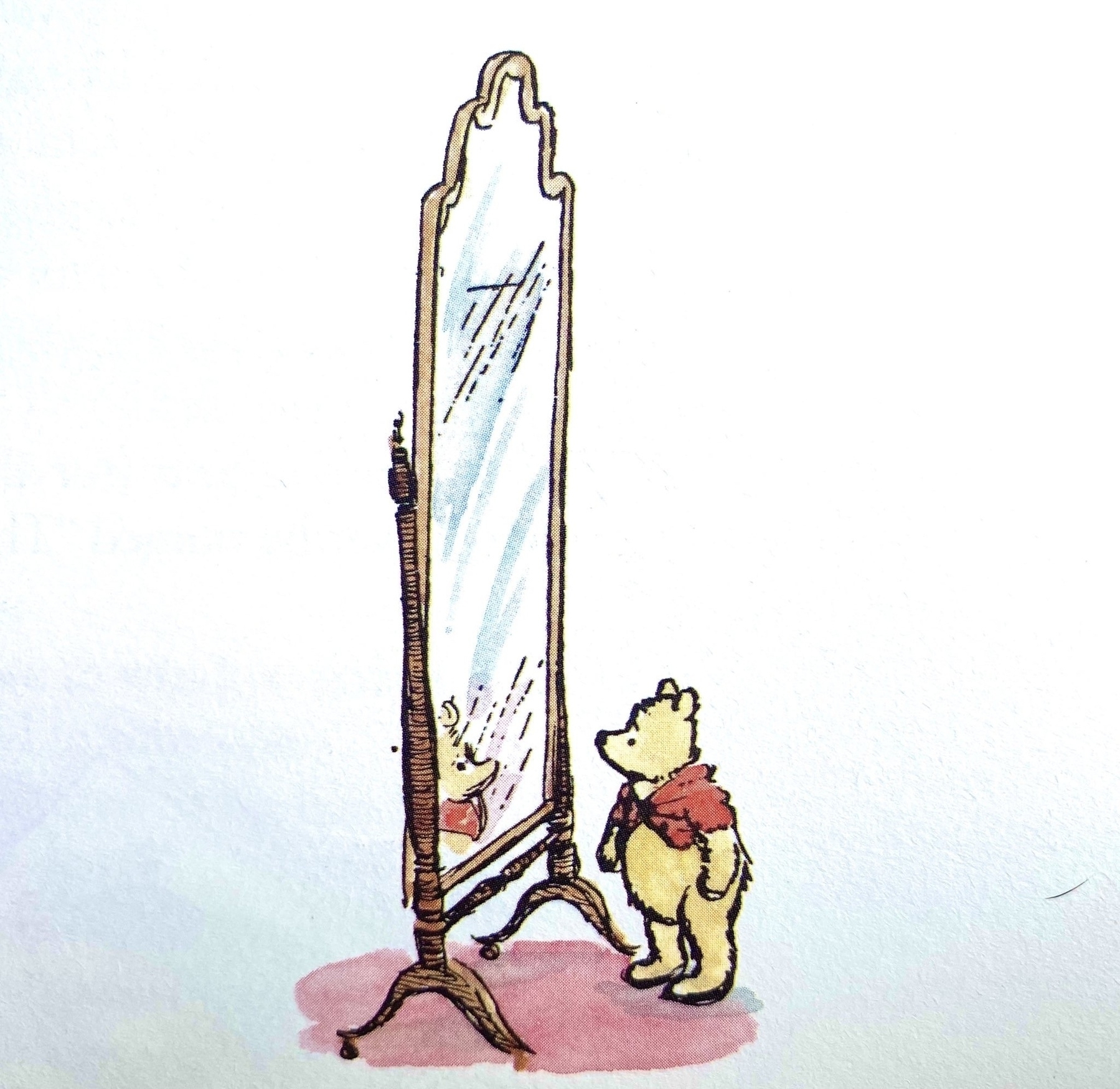 A bear wearing a red sweater stands in front of a tall, ornate mirror, looking at their reflection. The background is simple and minimalistic.