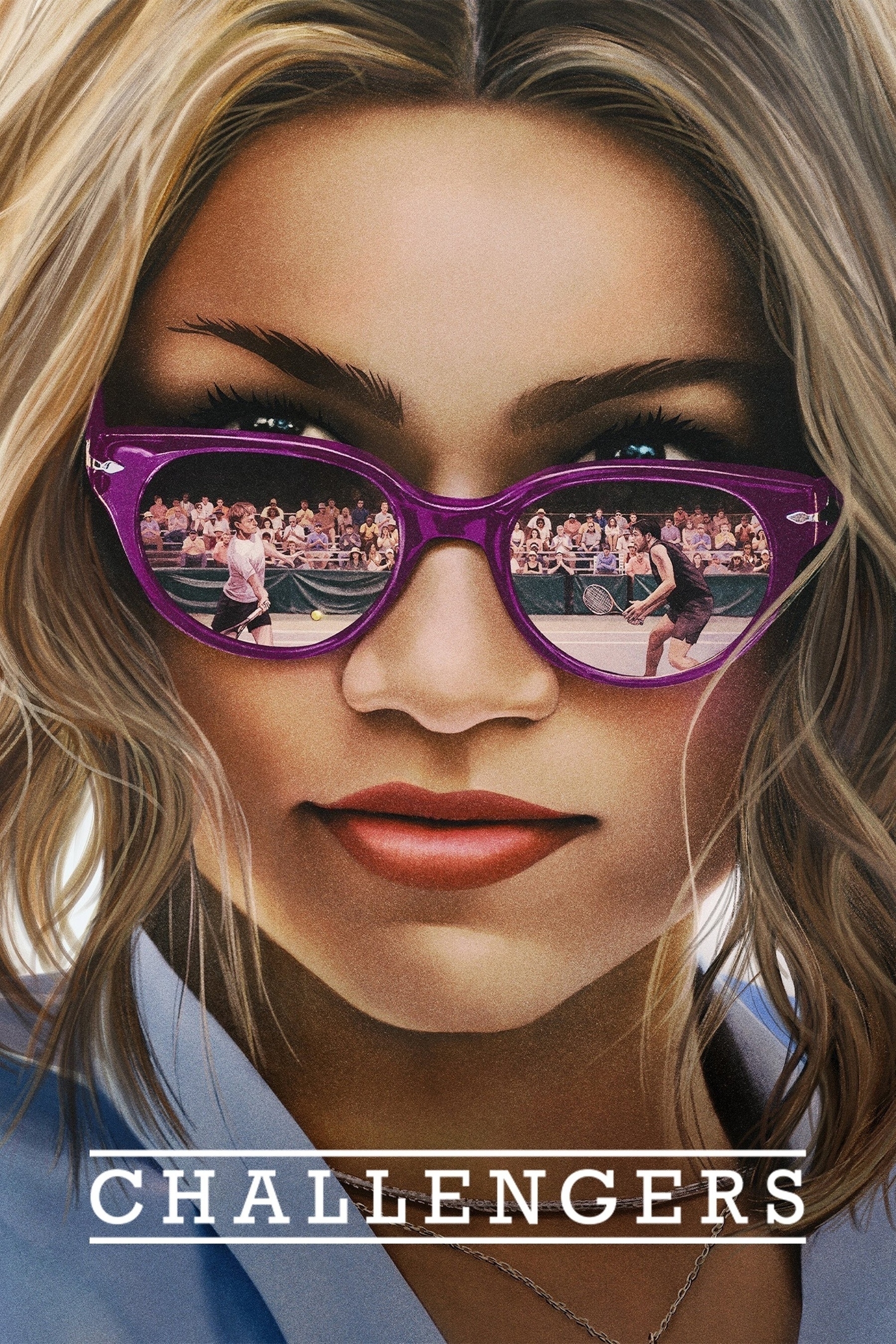 Poster for the film Challengers features a close-up of a woman’s face with wavy blonde hair, wearing stylish purple sunglasses. In the reflection of the sunglasses, a tense tennis match is visible, with two male players in action on the court, surrounded by a crowd of spectators. The title “CHALLENGERS” is displayed in bold white capital letters at the bottom of the image. The poster conveys themes of competition, drama, and intensity, with a sleek and stylish design.