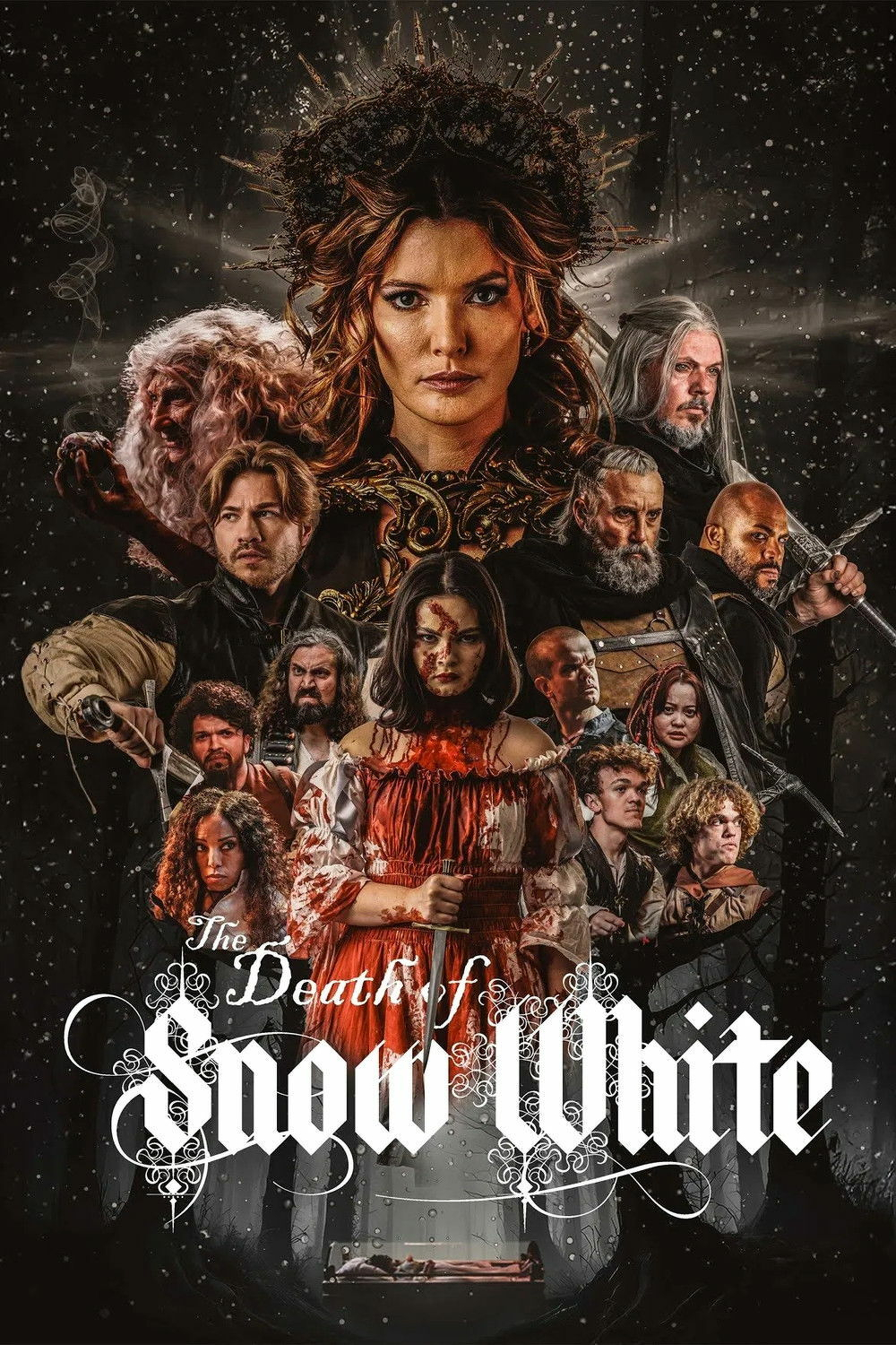 A dramatic movie poster titled "The Death of Snow White." Central to the image is a woman in elaborate attire, surrounded by a group of characters with intense expressions. The characters include a mix of men and women, some in medieval-like clothing, with varying expressions of determination and intensity. Snow is falling throughout the scene, adding a mystical and foreboding atmosphere. The overall design conveys a dark, fantasy theme.