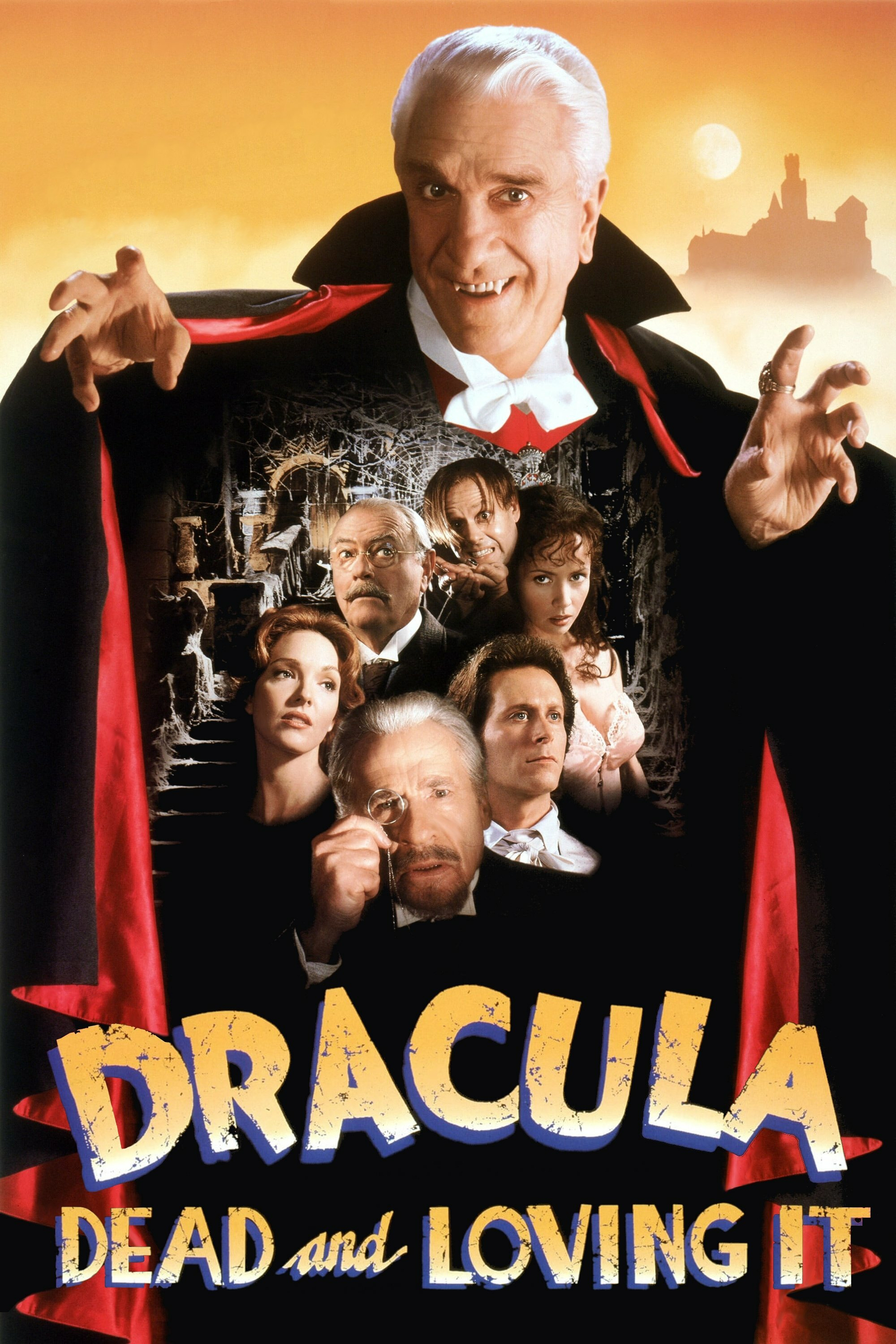 Poster for "Dracula: Dead and Loving It" featuring a vampire in a classic Dracula pose with raised hand, wearing a black cape with a red lining and a white bow tie. Multiple smaller images of other characters are seen below, set against a backdrop of a cobweb-filled castle interior. The title is written in large, stylized yellow and white letters at the bottom. A silhouette of a castle and a moon appear in the background.
