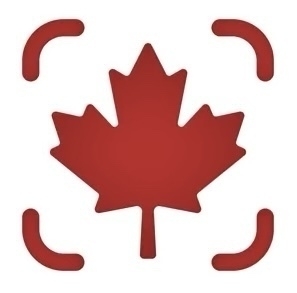 A red maple leaf icon is centered within four red curved corner brackets, resembling a scanning or focus symbol.