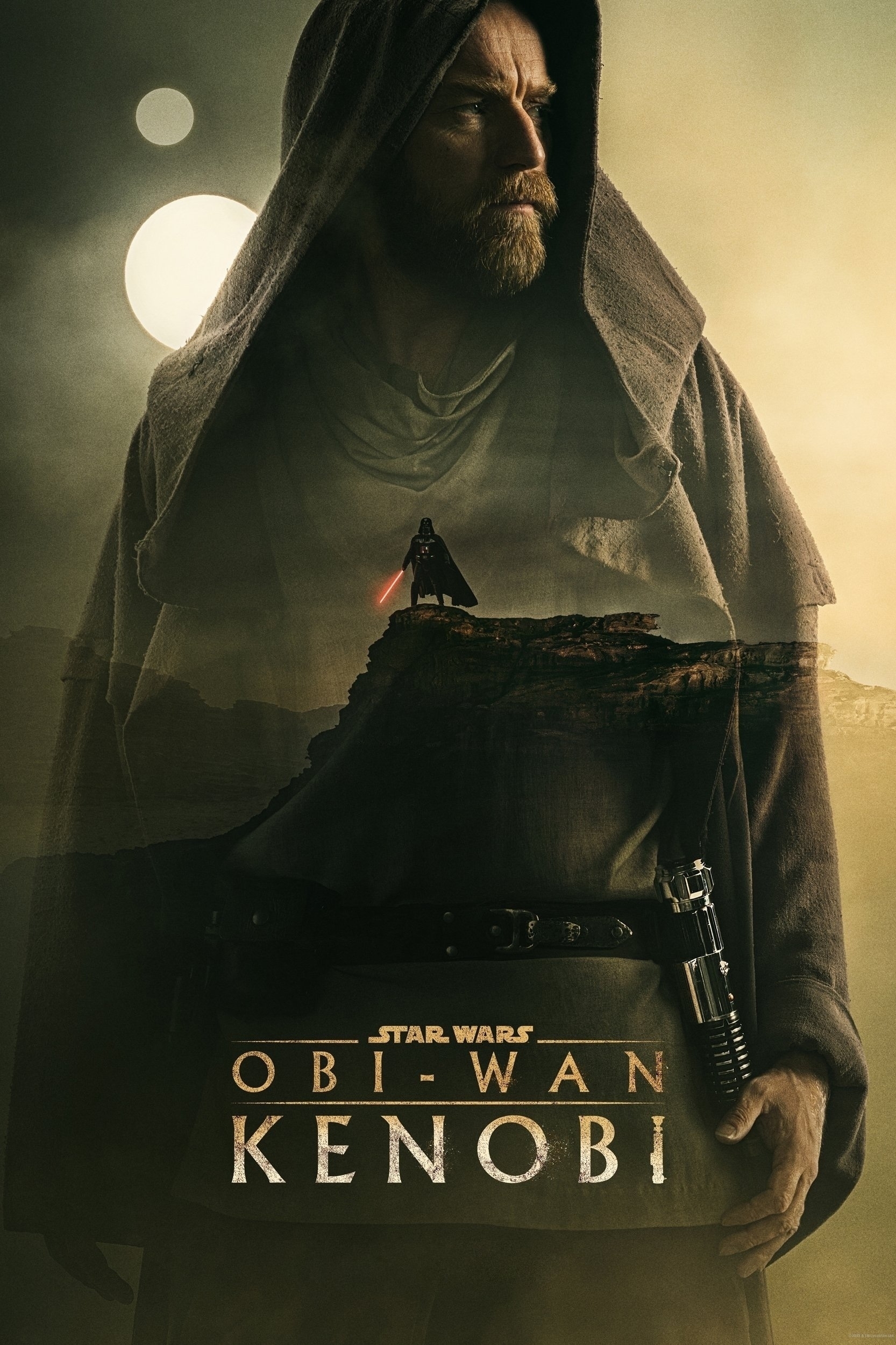 A dramatic poster for "Star Wars: Obi-Wan Kenobi" features a bearded man in a hooded robe with a serious expression, looking off to the side. Two moons are visible in the cloudy sky behind him. Superimposed over his figure is a silhouette of a black-clad figure holding a red lightsaber, standing on a rocky cliff. The title "Star Wars: Obi-Wan Kenobi" is displayed prominently at the bottom.