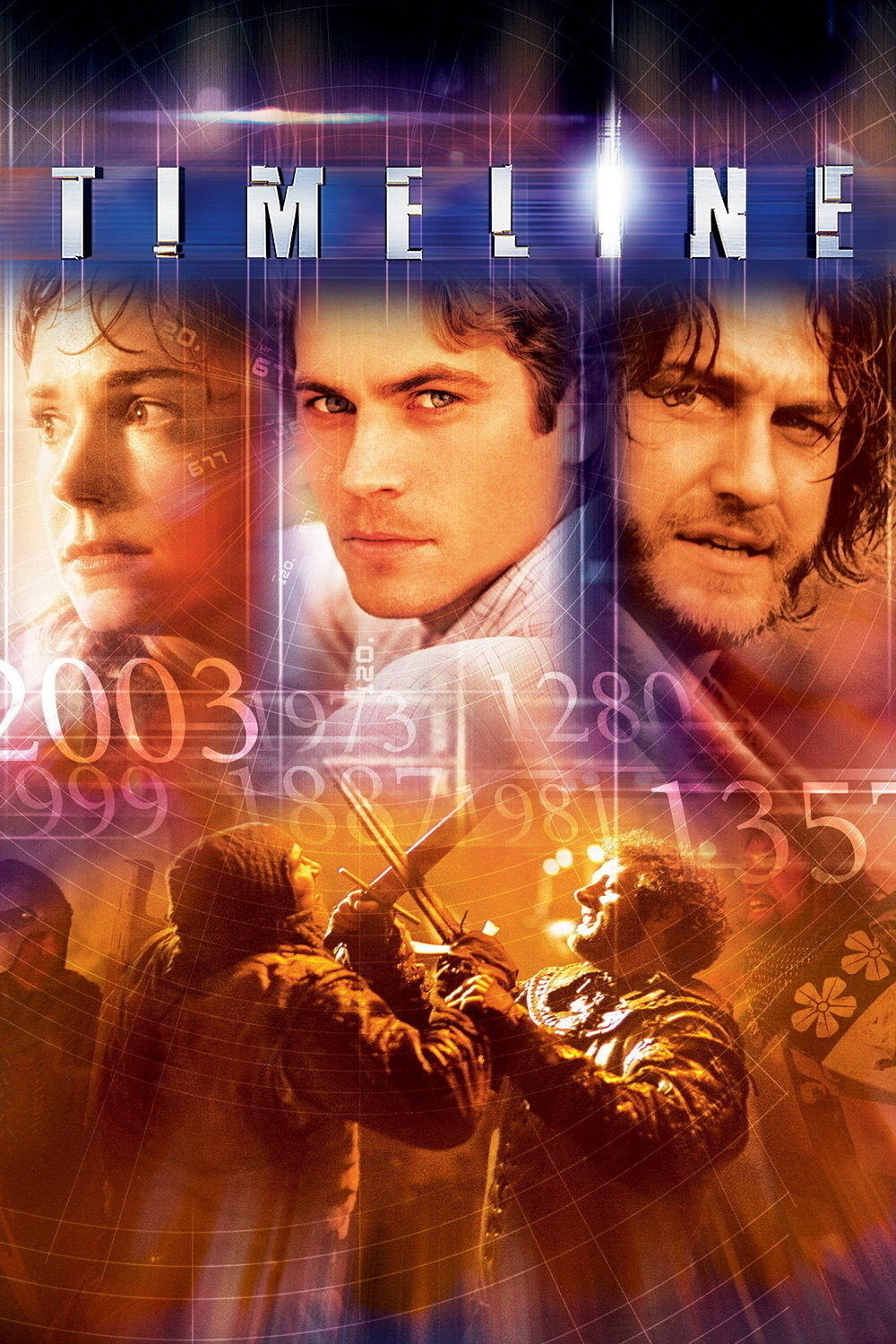 Poster for the movie "Timeline" showing the title at the top. Below the title are the faces of three individuals in separate panels. The background includes numbers and years like 2003, with a warm color palette and overlaid with images of two knights engaged in sword fighting.