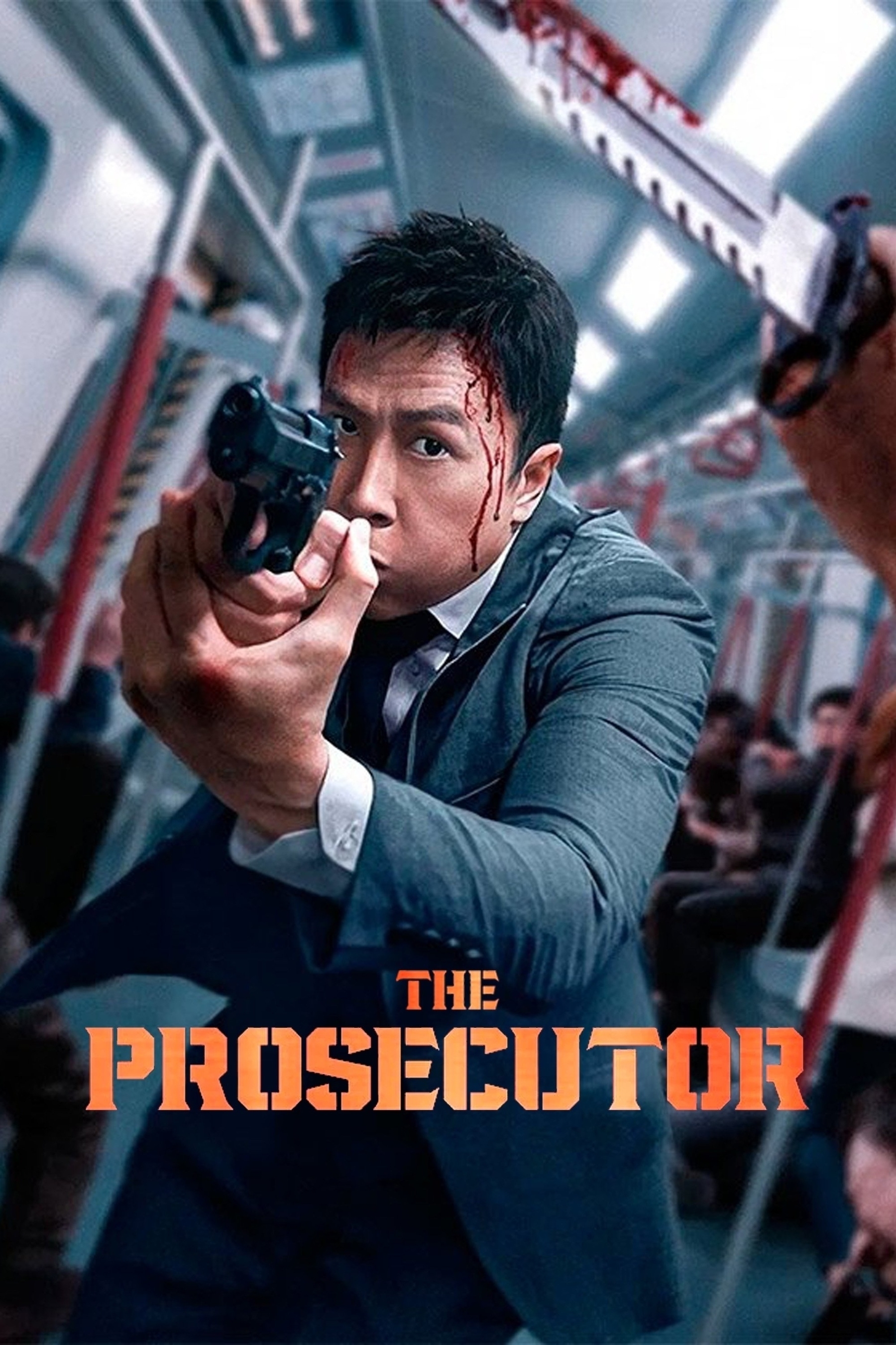 Male character in a suit pointing a handgun, with blood on his forehead, in a tense scene on a train. A large, bloody knife is visible in the foreground, held by another person. The word "The Prosecutor" is overlayed in bold, orange text at the bottom. The environment suggests an action-packed scenario.