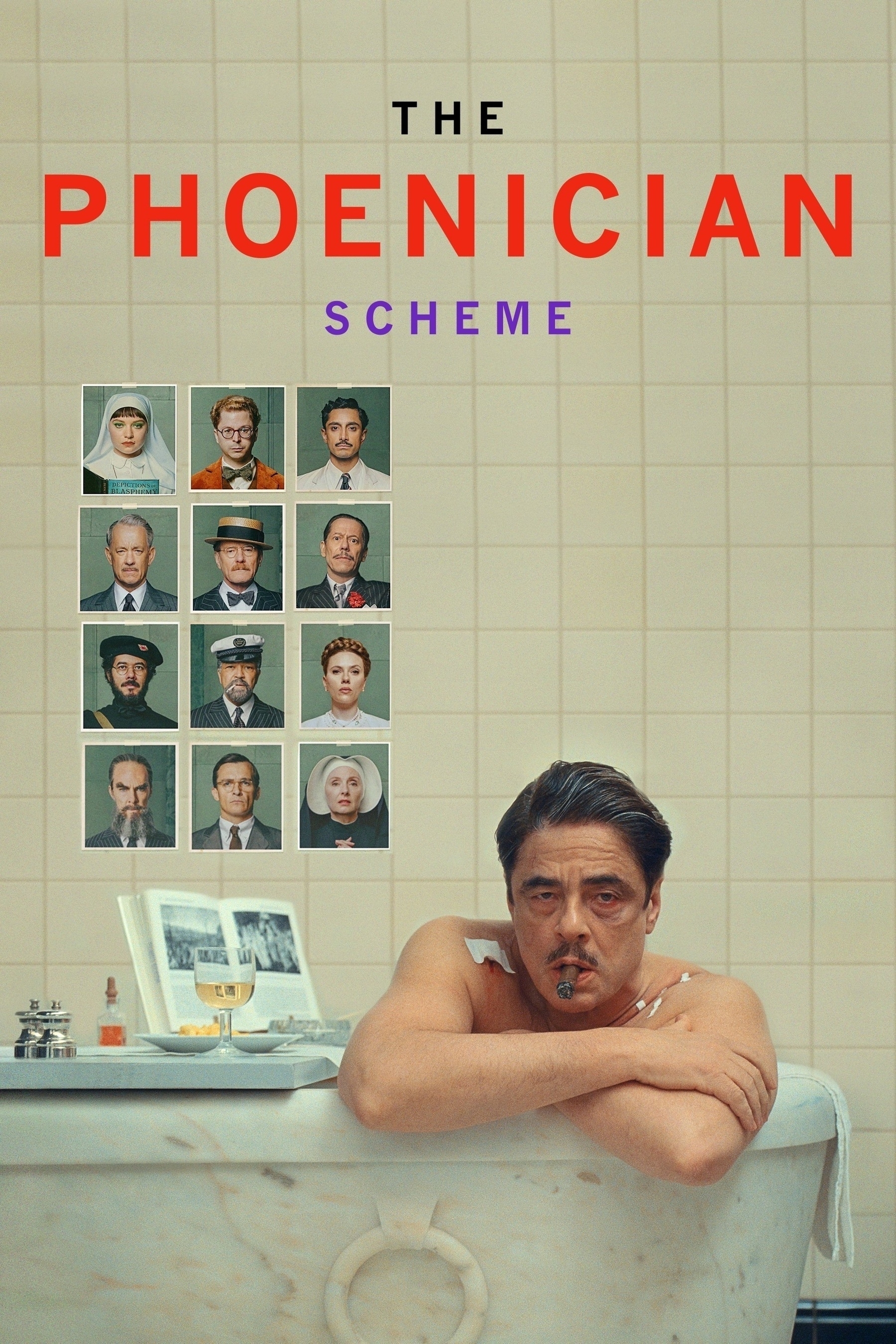 A man is sitting in a marble bathtub with his arms crossed on the edge, smoking a cigar. He is surrounded by a tiled bathroom wall. Behind him, there is a grid of 12 photos showing different people, styled like mugshots. To his left is a book, a glass of white wine, and a small dish on a bathroom counter. The text "The Phoenician Scheme" is prominently displayed in red and purple letters above.