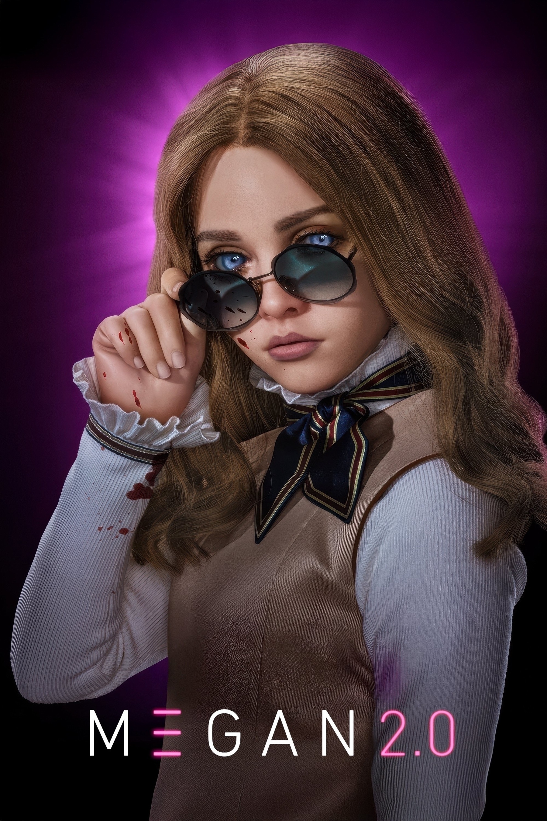 A realistic doll-like female figure with long brown hair holds sunglasses slightly down her nose, revealing striking blue eyes. She wears a vest over a white, high-necked, ruffled top and a patterned necktie. Her hand shows red stains resembling blood. The background is a purple gradient with a glowing aura effect behind her. The text "M3GAN 2.0" is at the bottom of the image.