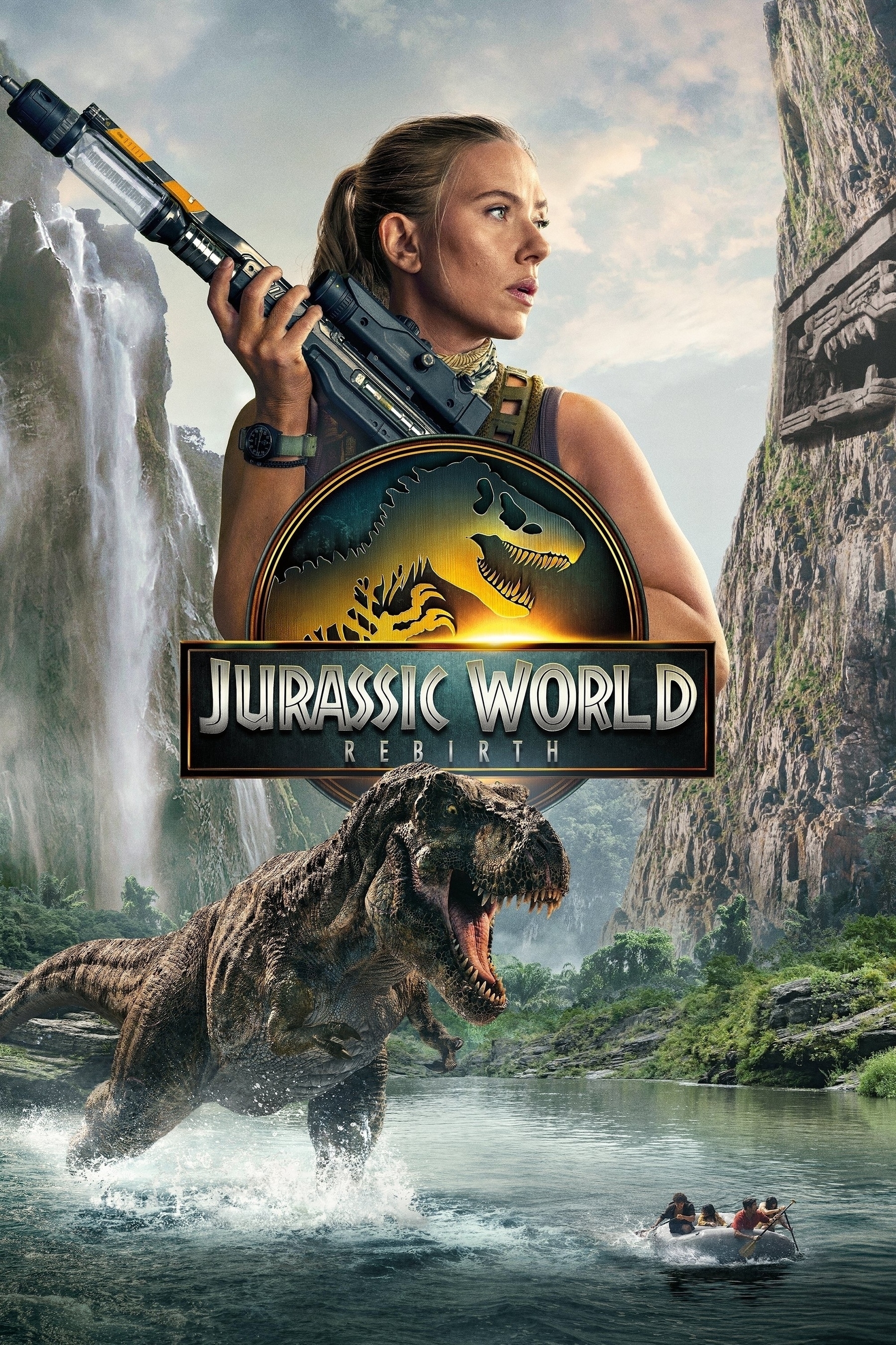 Movie poster for "Jurassic World: Rebirth". A woman holding a futuristic weapon is at the forefront, looking determined. Below her, a large logo with a dinosaur silhouette. A T-Rex is wading through a river, with a small boat carrying two people paddling in the background. Lush greenery and waterfalls are visible, along with a rock face depicting a dinosaur figure.