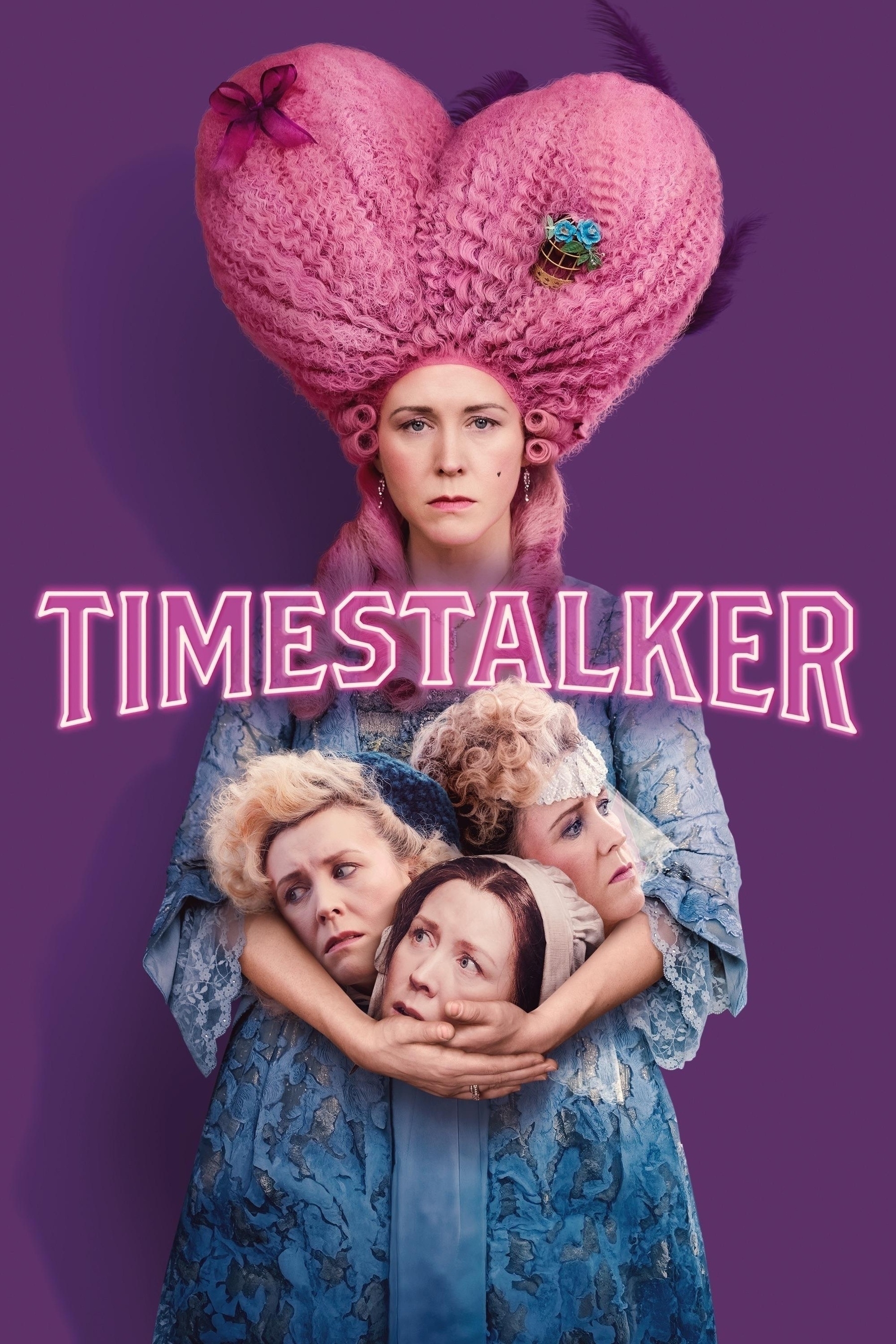 A poster for the film Timestalker features a woman in an elaborate historical costume with a massive pink, heart-shaped wig adorned with small decorations. She has a serious expression and is holding three other versions of her own head in her arms, each with different hairstyles and expressions, suggesting different time periods. The background is a solid purple color, and the film’s title, “TIMESTALKER,” is written in bold, neon pink letters across the center.