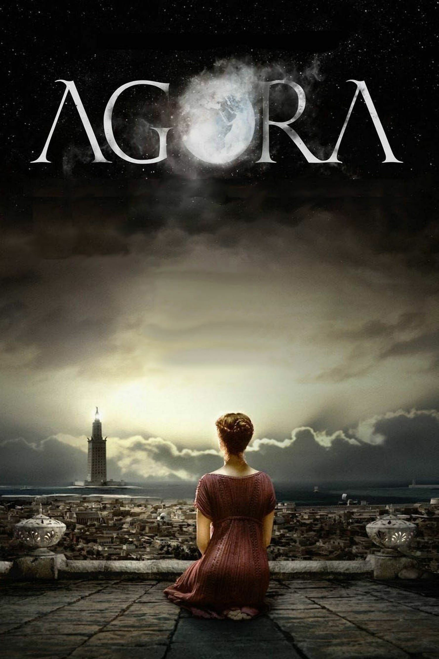 A person in a historical-style dress kneels on a stone surface overlooking an ancient city with a tall tower in the distance. Above, the word "AGORA" is displayed in large white letters against a starry night sky, with a cloudy moon illuminating the background.