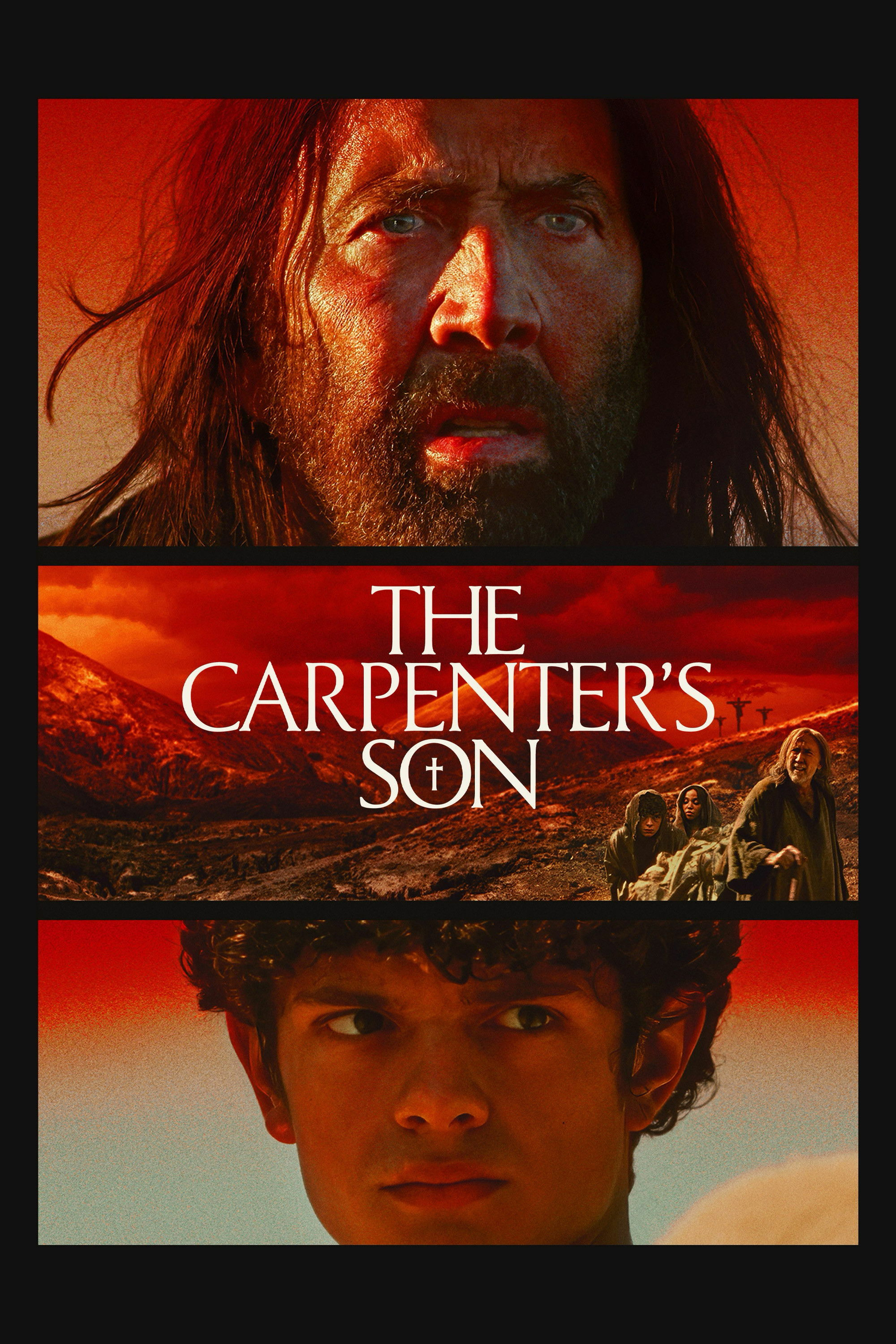 Movie poster for "The Carpenter's Son." The design features three sections: the top shows a bearded man with long hair, looking intensely. The middle section has the movie title in bold white letters against a red and orange mountainous landscape, with small figures in the distance. The bottom section displays a young man with curly hair, gazing ahead. The overall color scheme is warm, with shades of red, orange, and brown.
