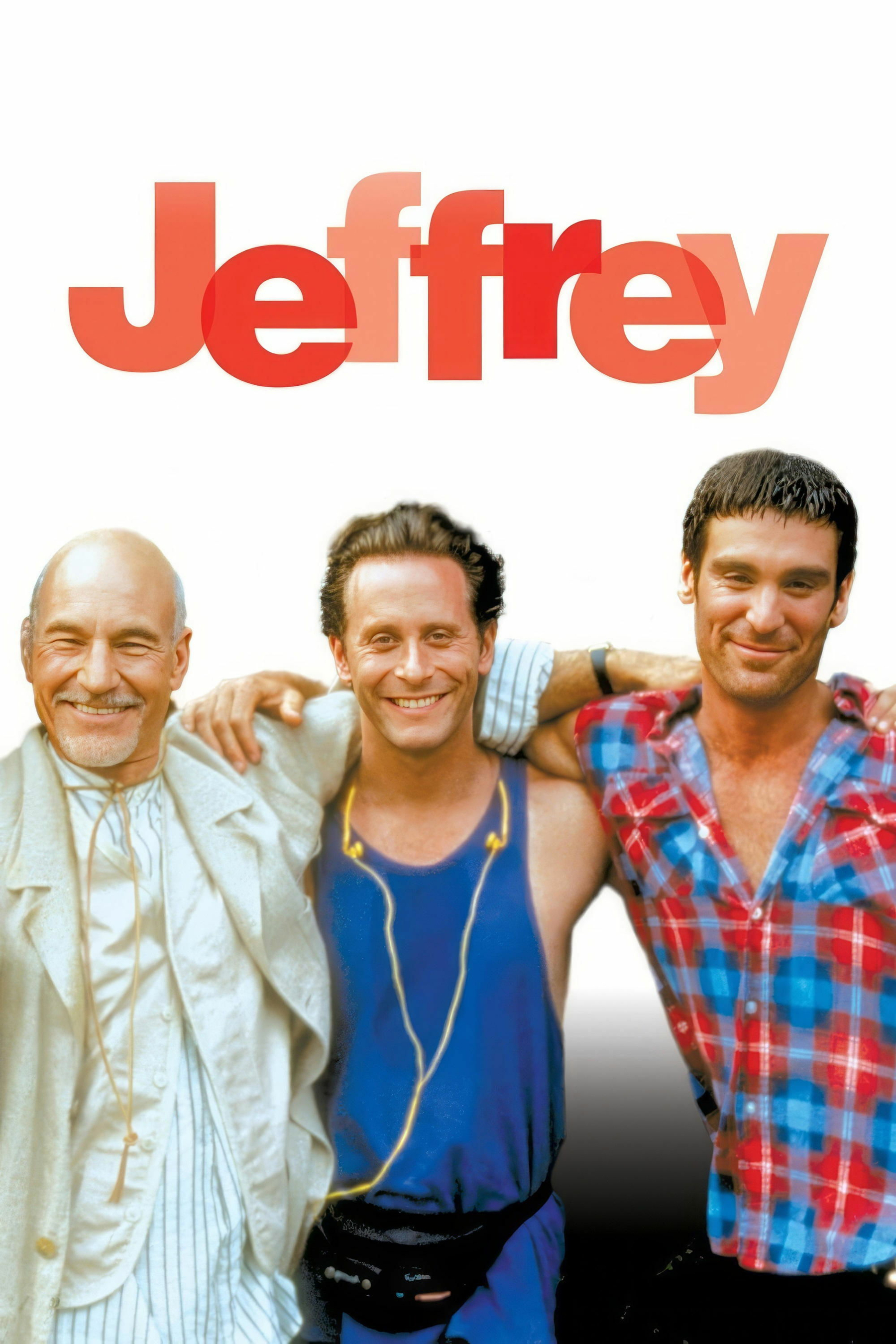Three men standing together smiling, with their arms around each other’s shoulders. The man on the left is bald and wearing a light-colored outfit. The man in the middle is wearing a blue tank top with a yellow cord around his neck. The man on the right is in a red and blue plaid shirt. The word "Jeffrey" is displayed in large red letters above them.