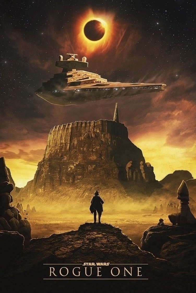 Poster of "Star Wars: Rogue One" featuring a person standing on a rocky path, gazing at a massive starship floating above a mountainous landscape. A glowing eclipse is visible in the starry sky. Title text is at the bottom.