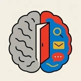 Illustration of a brain split in half, with the left side colored gray and the right side red and blue. A red door is open in the center. The right side contains a magnifying glass, an envelope, a speech bubble, and a smiley face, symbolizing communication and learning concepts.