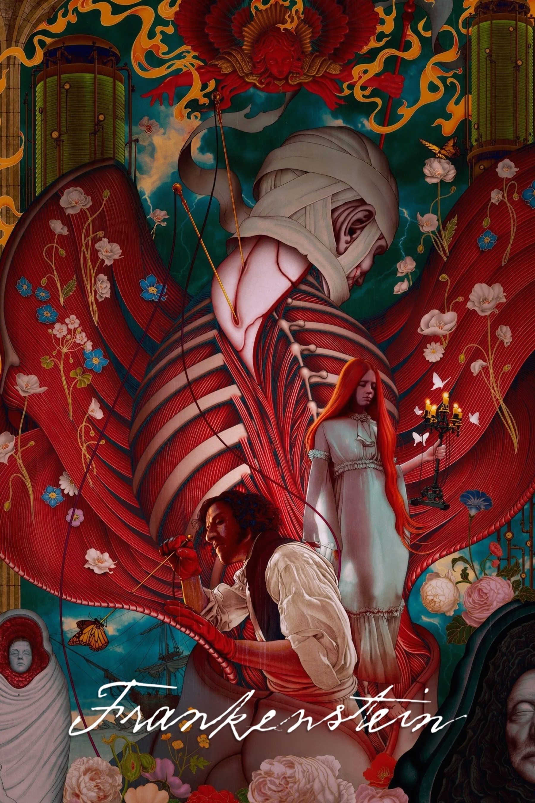 Surreal artwork depicting a scene inspired by "Frankenstein." A large, anatomical figure is central, with exposed muscle and ribs. A person is inspecting the figure’s muscles while wearing red gloves. A woman with long red hair, holding a candelabra, stands nearby. Flowers and butterflies are interspersed throughout. A large, fiery angelic figure appears at the top among flames and flowing elements. The word "Frankenstein" is written at the bottom.