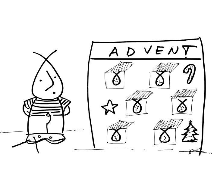 A black and white drawing shows a sad, cartoon character standing next to an advent calendar labeled "ADVENT" at the top. The calendar has several doors, some open with drawings of teardrops, and others closed. Simple holiday symbols like a star, candy cane, and Christmas tree decorate the calendar. The character wears a striped shirt and overalls, and there are scribbles around their feet.