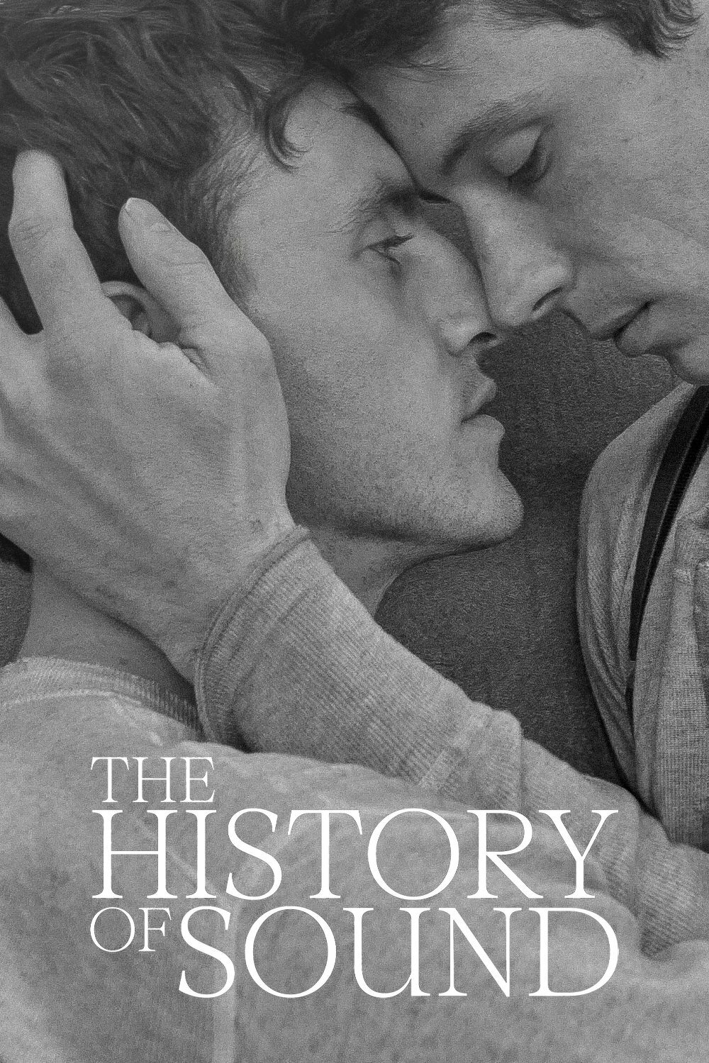 A black and white image of two people with foreheads touching, their eyes closed in an intimate moment. One person's hand gently cradles the other's head. The text "The History of Sound" is written across the image.