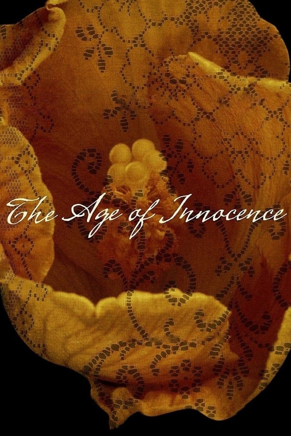 A close-up image of a yellow flower with intricate lace patterns overlaying it. The words "The Age of Innocence" are elegantly written across the center in white script. The background is dark, highlighting the flower's texture and the decorative lace design.