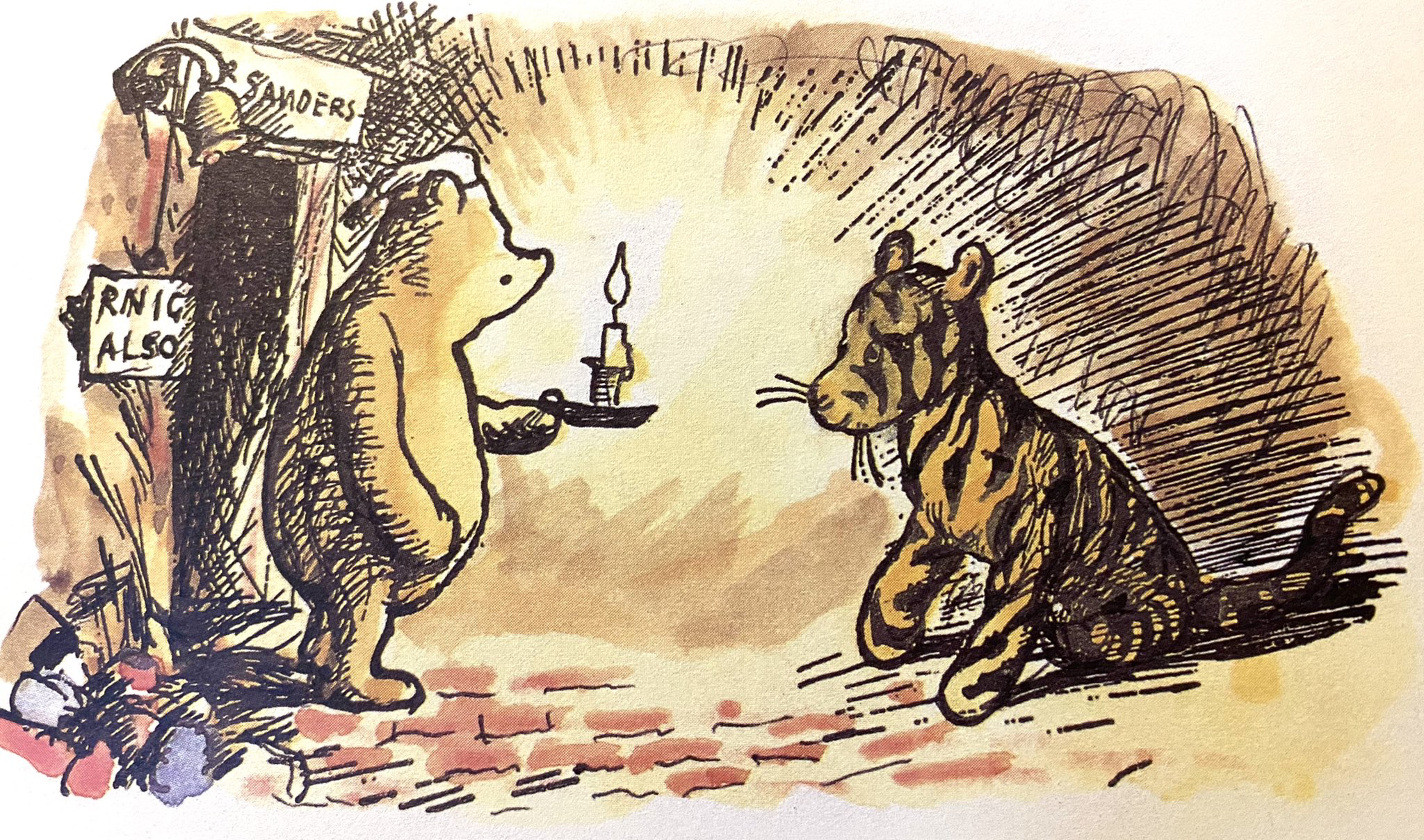 Illustration of a bear holding a candle on a holder, standing in front of a sitting tiger inside a cave. The candle illuminates the scene, casting light on both animals. A wooden sign with text is partially visible in the background, and a pile of colorful objects is on the ground near the entrance. The drawing style is sketch-like with watercolor shading.