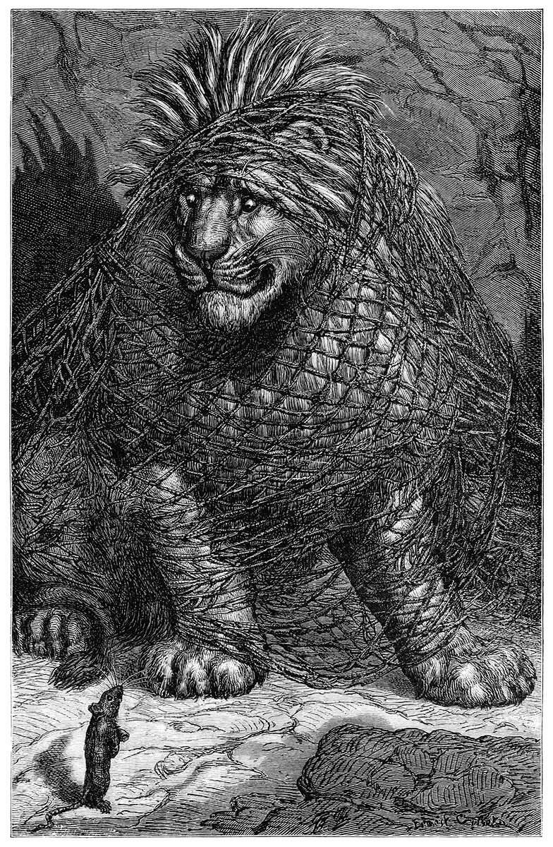 Illustration of a large lion caught in a net. The lion looks distressed and is wrapped tightly in the ropes. In front of the lion, a small mouse stands on its hind legs, appearing to communicate with the lion. The background shows a rocky terrain. This image is a depiction of a scene from Aesop's fable, "The Lion and the Mouse."