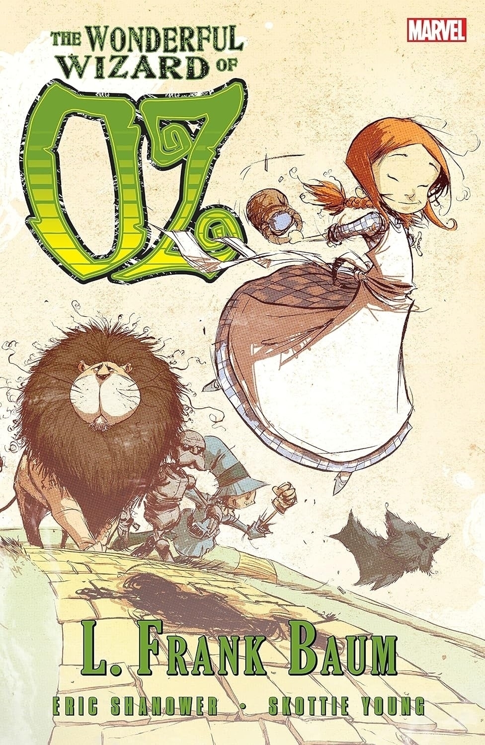 Illustrated cover of "The Wonderful Wizard of Oz" by L. Frank Baum, featuring a whimsical, sketch-style drawing. A girl in a checkered dress and pigtails is mid-step with a joyful expression. Beside her, a lion with a large mane, a tin figure, and a scarecrow can be seen. The title is prominently displayed in large green letters, with "Marvel" logo in the top right corner.