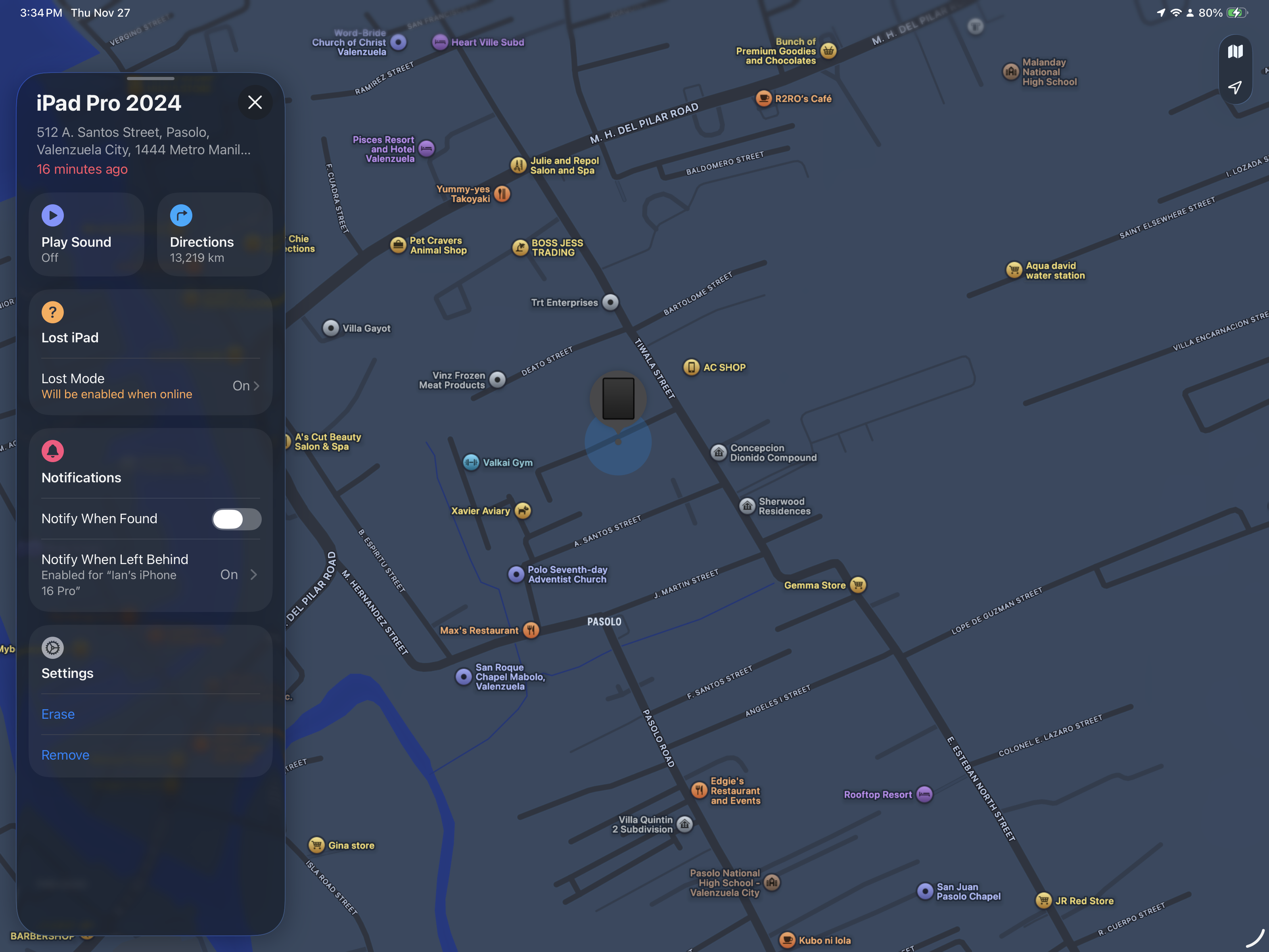 A digital map interface displays the location of an iPad Pro 2024 in Manilla, with options for sound, directions, and lost mode settings.