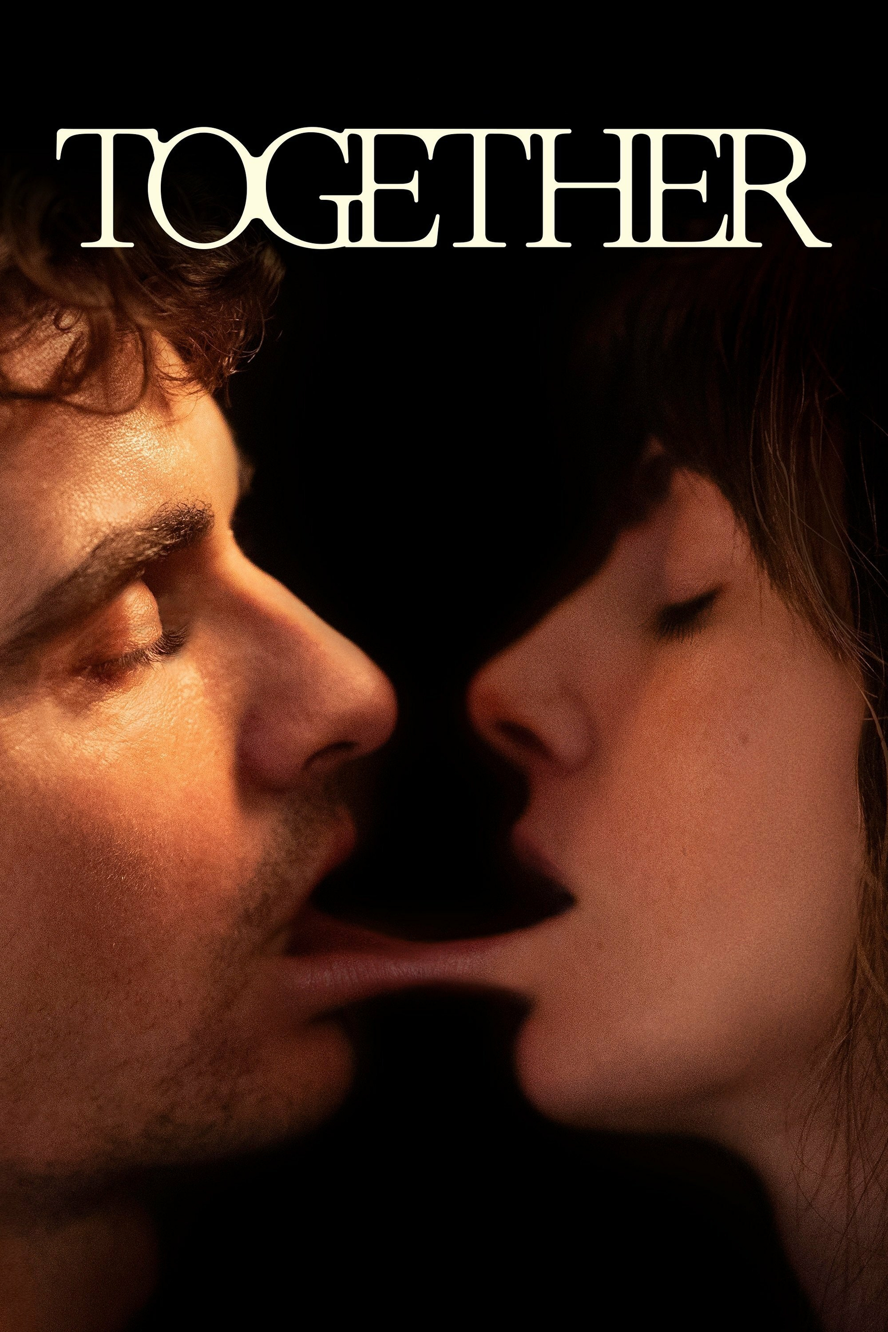 A movie poster with the word "TOGETHER" at the top. It features a close-up of two people facing each other, eyes closed, with their tongues gently touching. The background is black, highlighting their facial features.