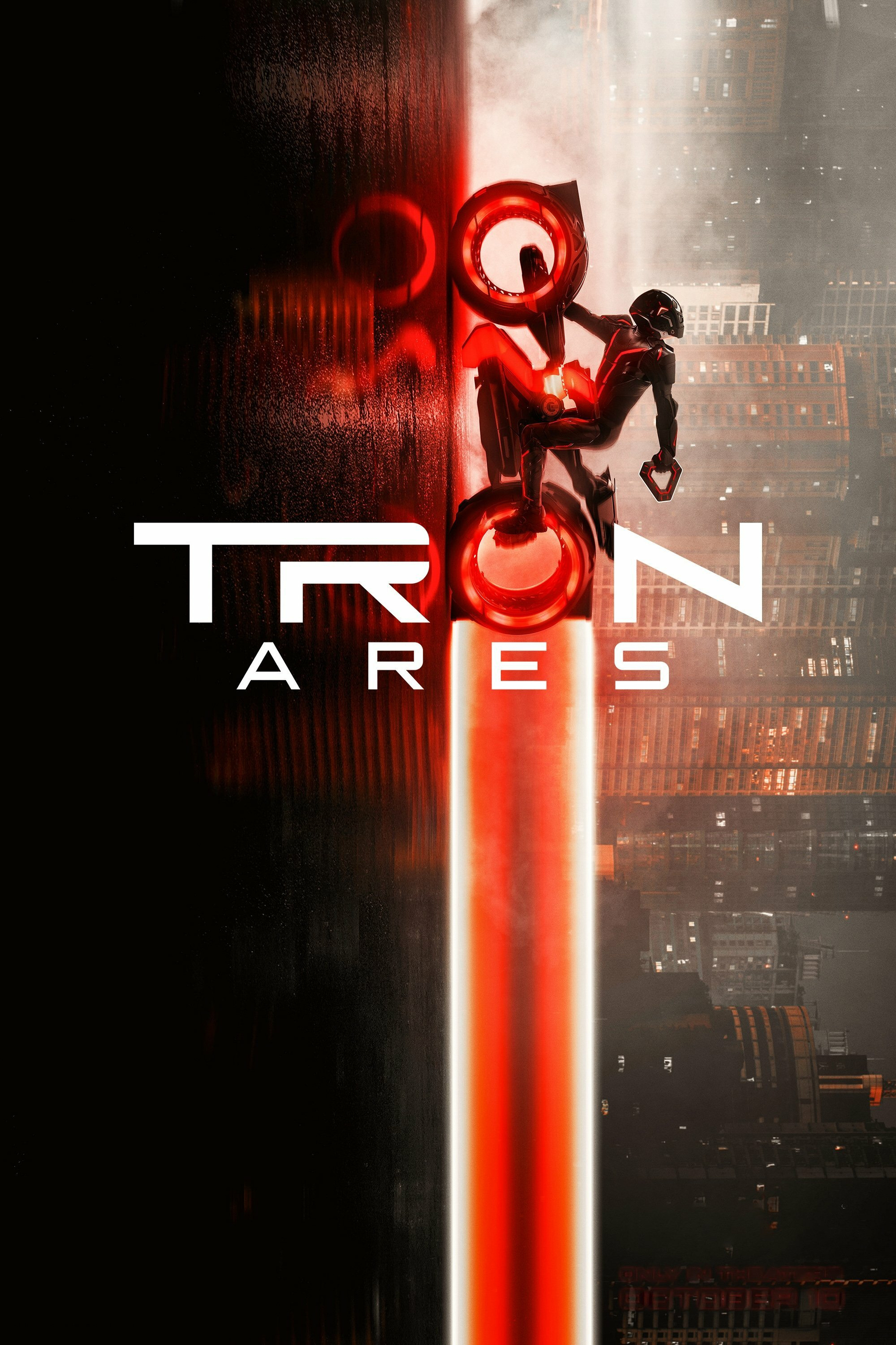 Poster for "Tron: Ares" featuring a futuristic, armored character riding a light cycle vertically down a glowing red beam against a dark cityscape. The title "Tron" is prominently displayed with "Ares" below it. Bright red and black colors dominate the design, emphasizing a high-tech, digital aesthetic.