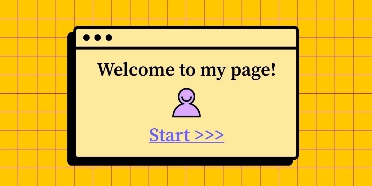 Illustration of a webpage window with a yellow grid background. The webpage displays the text ‘Welcome to my page!’ along with a simple purple icon of a person. Below the text, there is a blue underlined hyperlink labeled ‘Start >>>’ indicating a clickable link.