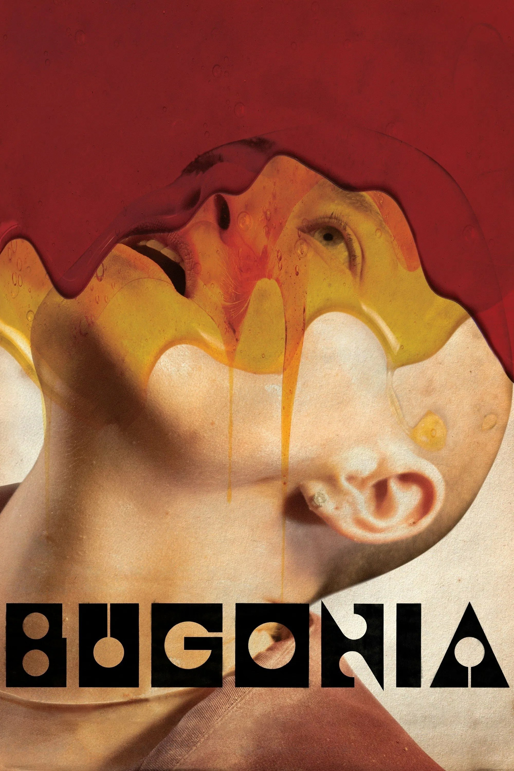 A surreal image featuring a close-up of a person's head tilted backward, with their mouth open. Red and yellow translucent liquids appear to be dripping over their face. The background is a consistent dark red. Bold, stylized black text at the bottom reads "BUGONIA." The image has an artistic and abstract quality, evoking a sense of mystery and emotion.