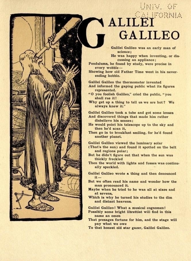 Illustration of Galileo Galilei looking through a telescope, set in a historical style. He's depicted wearing long robes, with a determined expression. Around him, there are elements suggesting astronomy and scientific inquiry. Next to the illustration, a poem about Galileo highlights his contributions to science, such as inventing the thermometer and studying celestial bodies. The background is a textured off-white, giving a vintage feel to the piece.