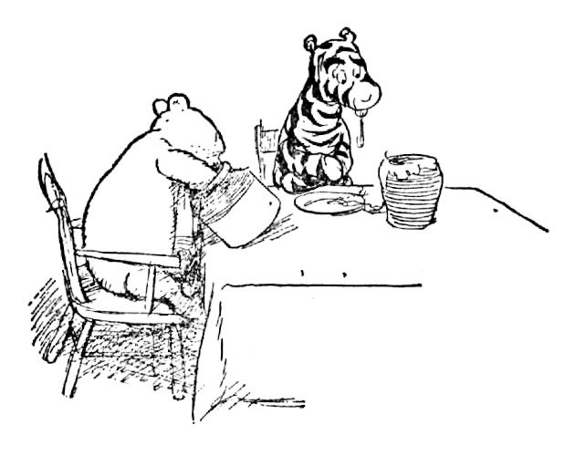 A drawing of Winnie the Pooh and Tigger eating, honey