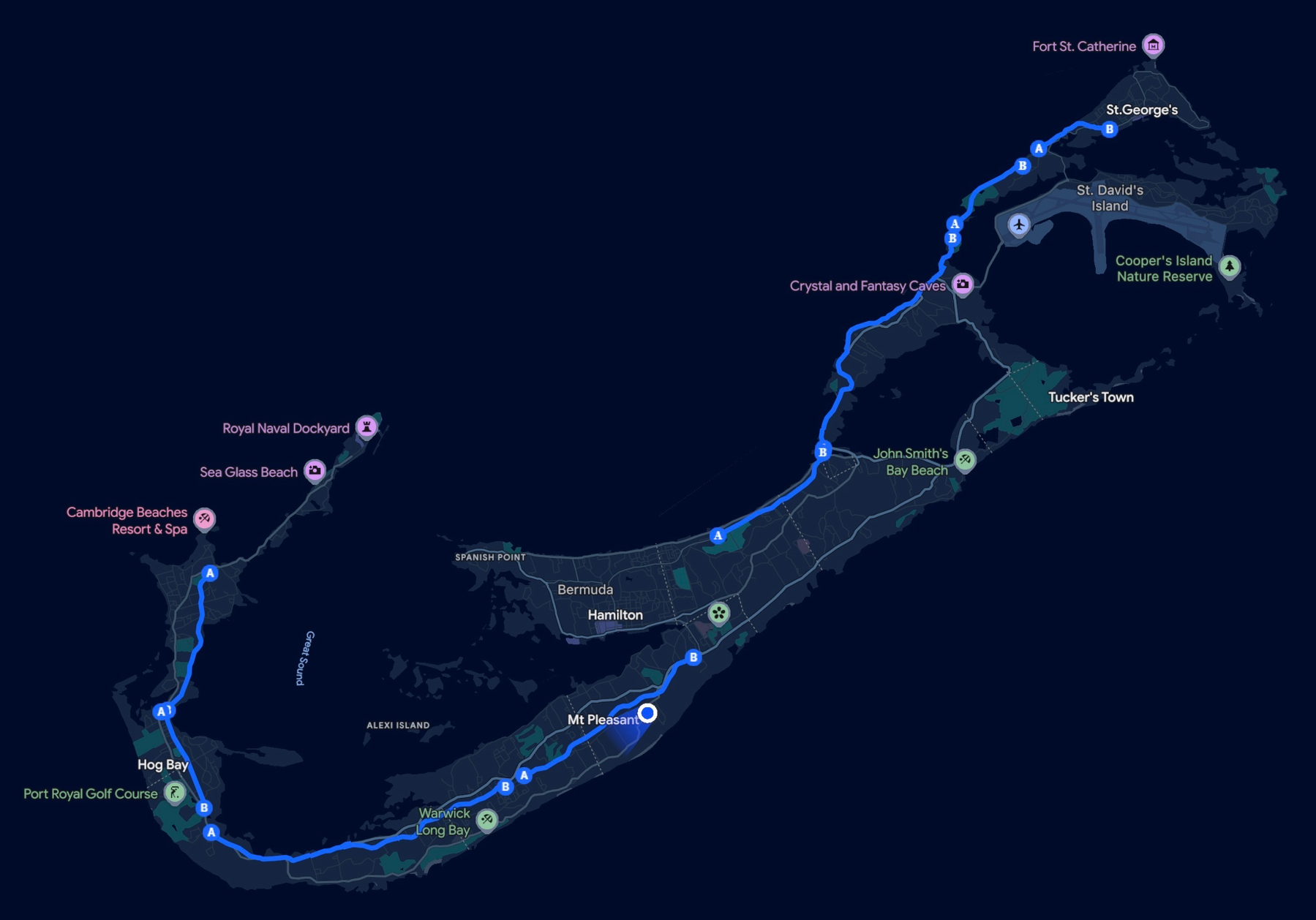 A map showcases a scenic route across Bermuda, highlighting key locations like St. George's and various natural and recreational attractions.