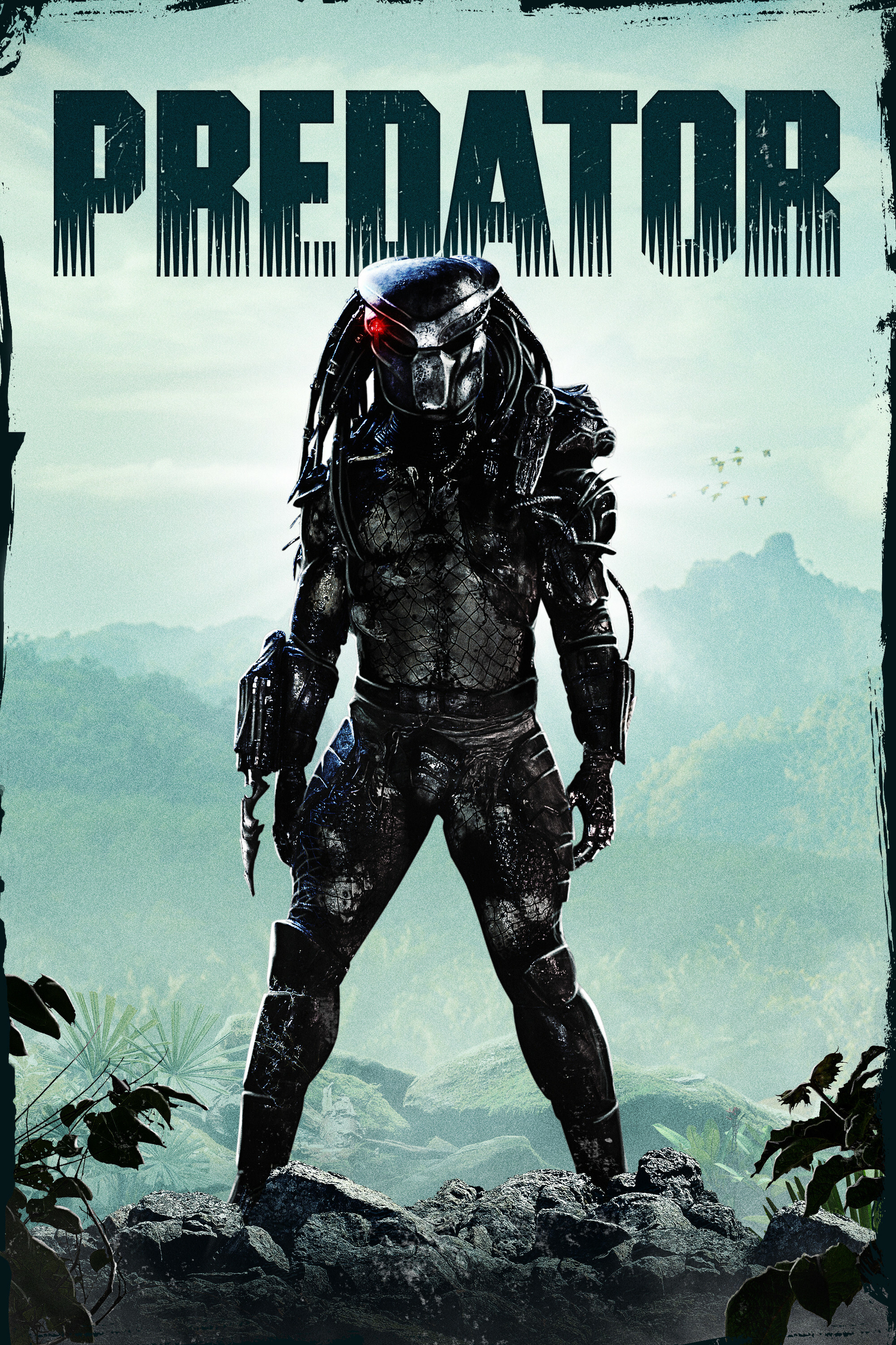 A menacing alien creature standing on rocky terrain, set against a misty jungle backdrop. The creature is wearing dark, intricate armor with distinctive dreadlock-like appendages and glowing red eyes. Above, in bold, stencil-like letters, is the title "PREDATOR."