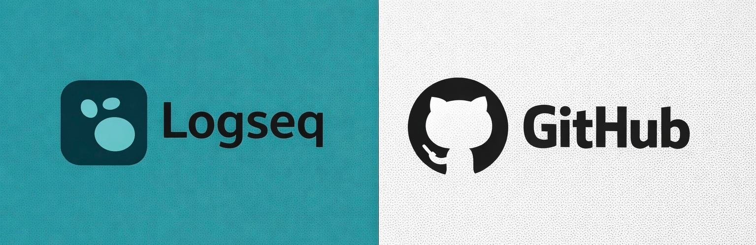 Logseq and GitHub logos side by side. The Logseq logo is on the left with a teal background and features a stylized circle and two smaller shapes forming a face-like icon next to the word "Logseq." The GitHub logo is on the right with a white background, showing the iconic silhouette of a cat with the word "GitHub" beside it.
