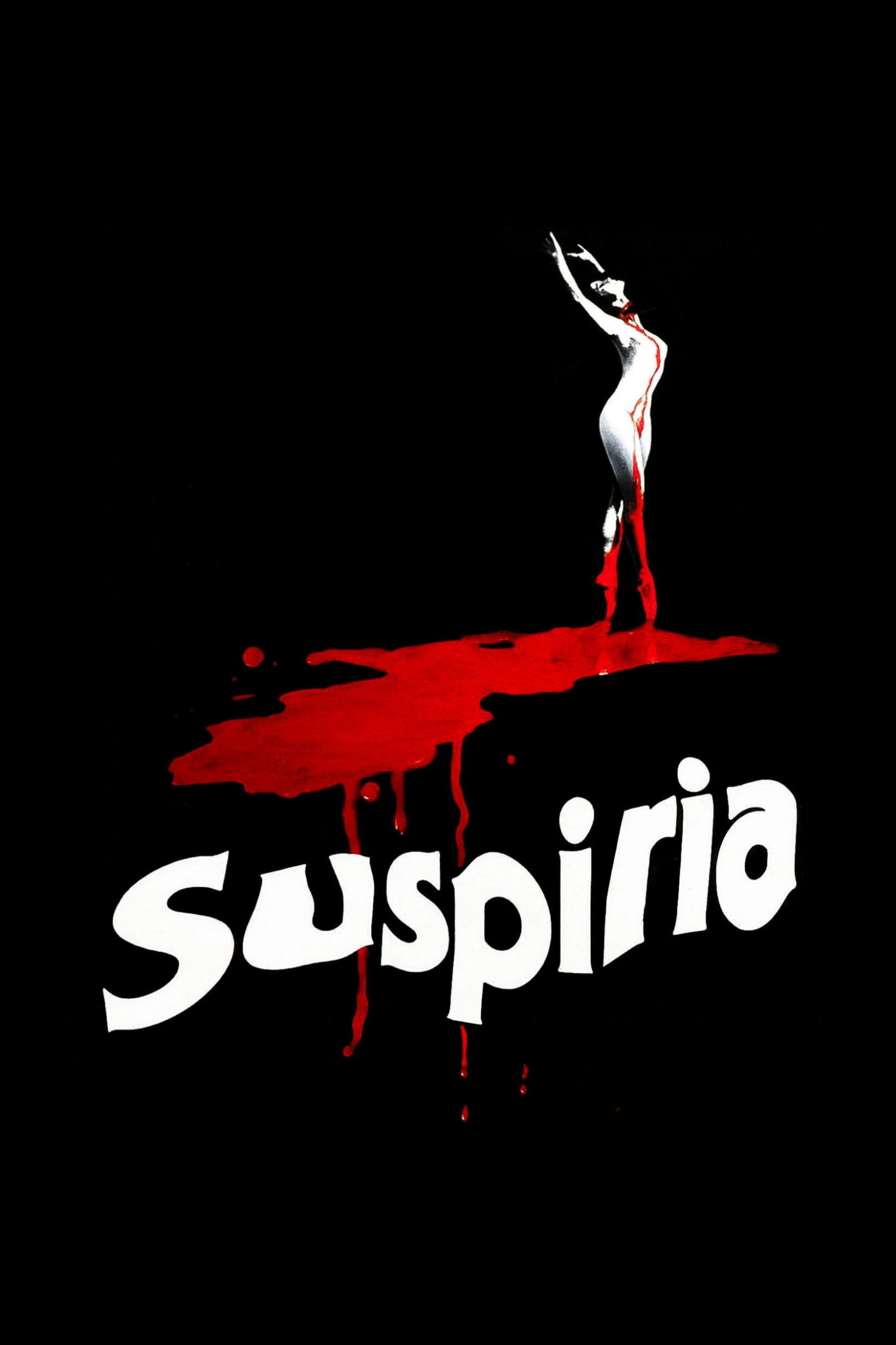 A dancer stained with blood stands on a red pool with the word Suspiria written below in bold white letters against a black background.