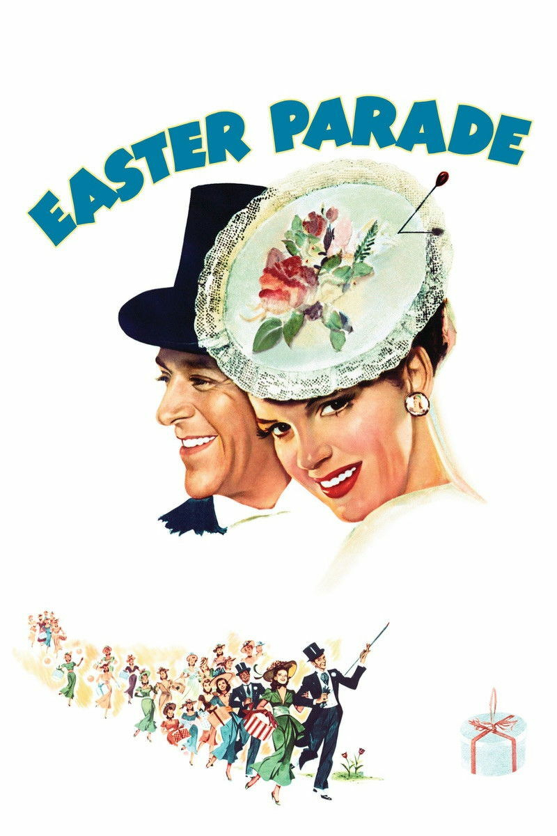 A vintage-style poster features two smiling people dressed in formal attire. The man is wearing a black top hat, while the woman is wearing a large, lace-trimmed white hat decorated with painted flowers and a hatpin. Above them, in bold curved blue letters, the text reads: “EASTER PARADE.” Below, a parade of elegantly dressed men and women, many in suits and dresses with hats, marches joyfully, with the front pair holding hands and the man carrying a walking stick. Toward the bottom right corner, there is a small, wrapped gift box with a pink ribbon. The background is mostly white, giving the composition a clean and festive look.