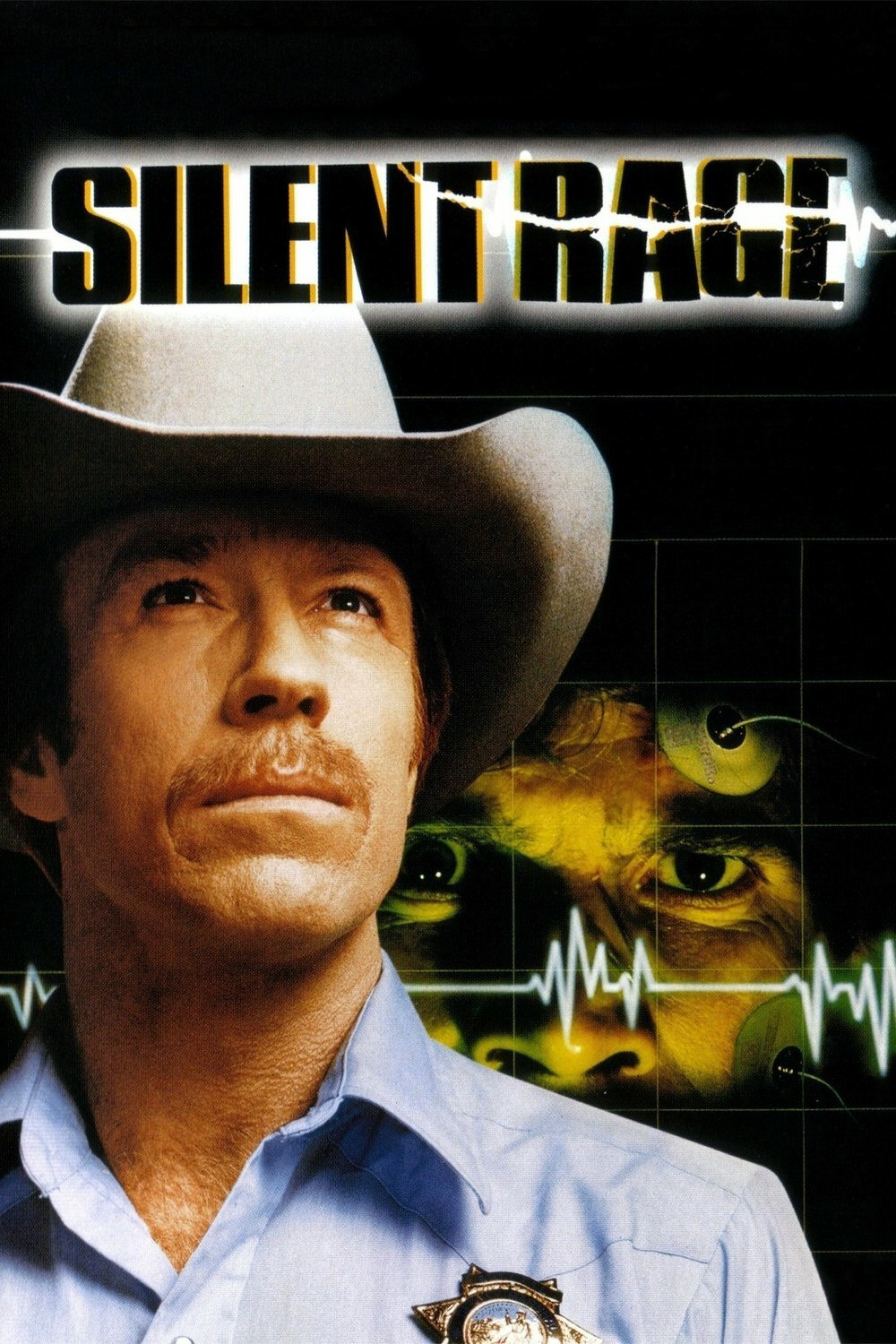A movie poster for "Silent Rage." The poster features a man in a light blue button-up shirt and a gray cowboy hat. He is looking up and to the left. Behind him is a black background with a green heartbeat line. Behind the heartbeat line is a man's face with glowing yellow eyes. The title of the movie is written in black letters with a yellow outline at the top of the poster.