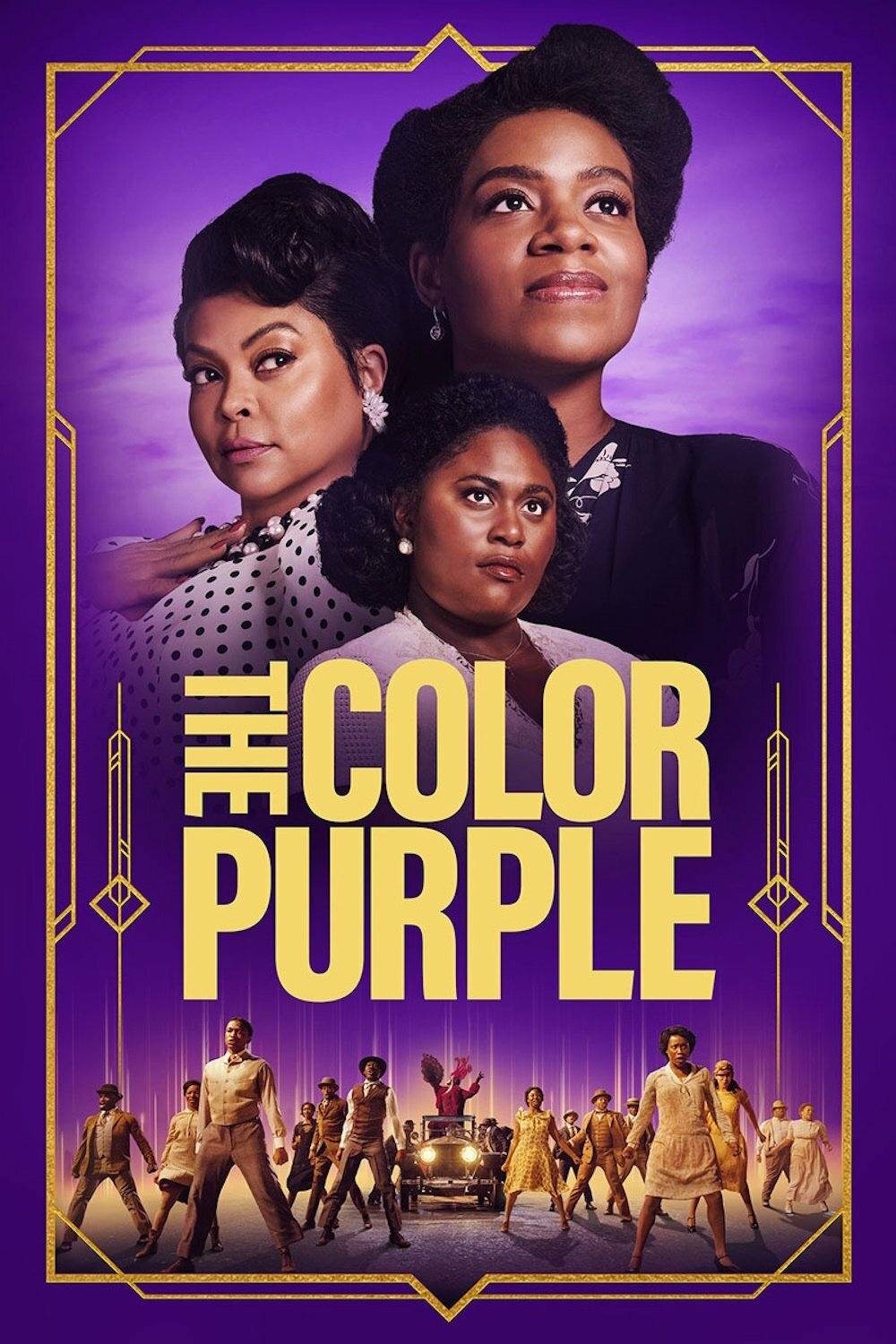 A vibrant poster with a purple background features three Black women in vintage clothing at the top. One woman in a black floral dress gazes upward with a serene expression, another in a white polka-dot blouse and pearl accessories looks to the side, and a third in a white dress with pearl earrings faces forward. Below them, a lively group of men and women in 1920s-style attire dance energetically in front of a vintage car with headlights on. The title “THE COLOR PURPLE” is displayed in large yellow letters in the centre. A gold Art Deco frame surrounds the image.