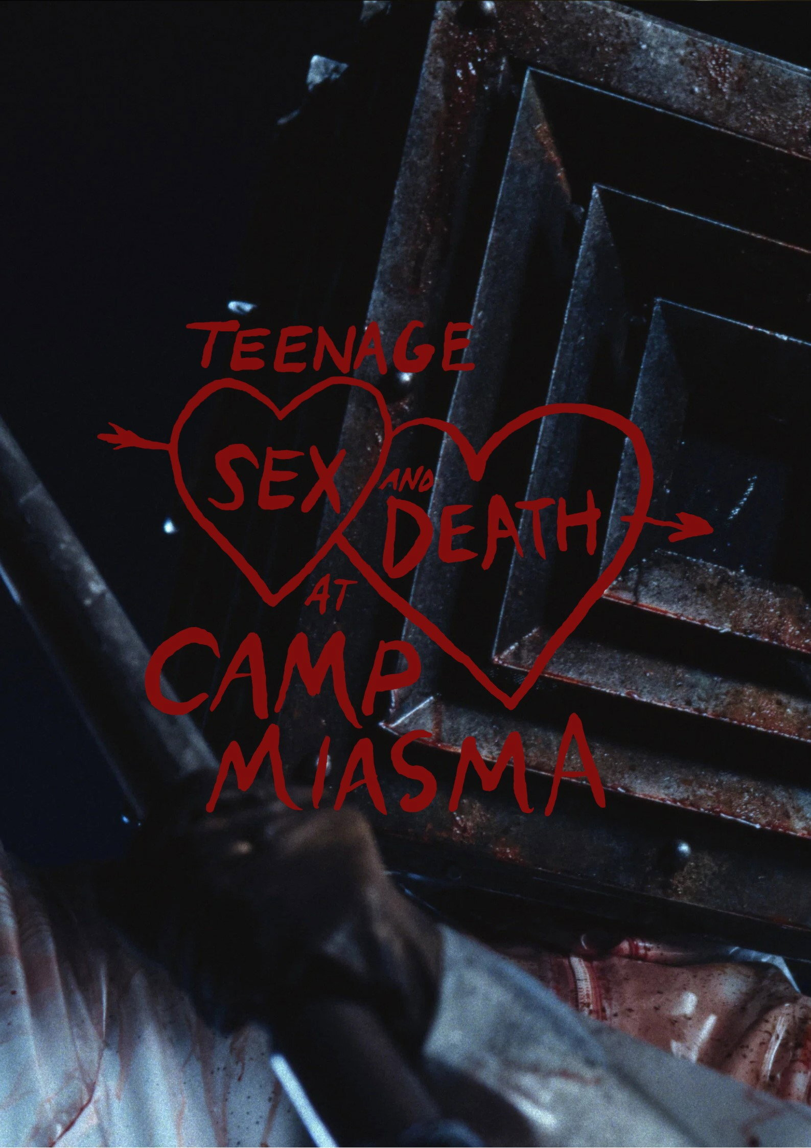 A dark, ominous image featuring a menacing figure wearing a large, rusted, square metal helmet with layered vents, streaked with blood. The figure, partially visible, wields a massive, bloodstained metal weapon resembling a cleaver or great knife. The background is almost entirely black, emphasizing the sinister atmosphere. Overlaid in red handwriting are two interlocking heart shapes with arrows through them, containing the words: “TEENAGE SEX AND DEATH AT CAMP MIASMA.” Blood splatter is visible on the figure’s clothing and helmet, enhancing the horror theme.