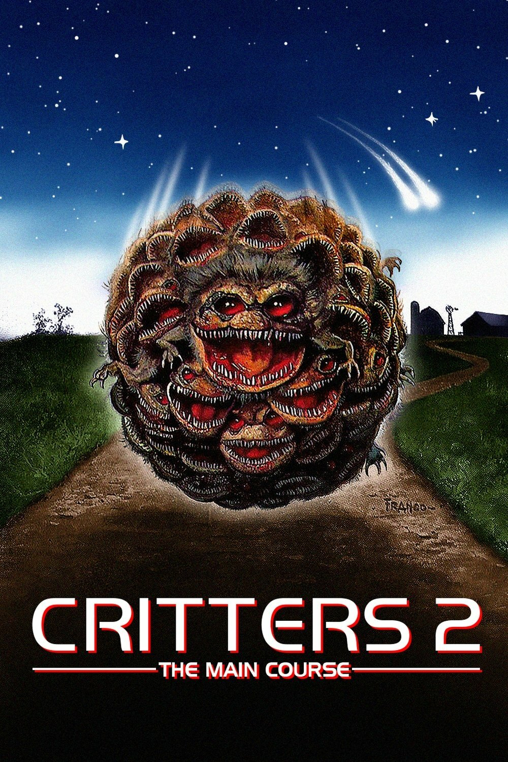 A creature composed of smaller, toothy monsters rolls down a path under a starry sky, with text reading Critters 2: The Main Course below.