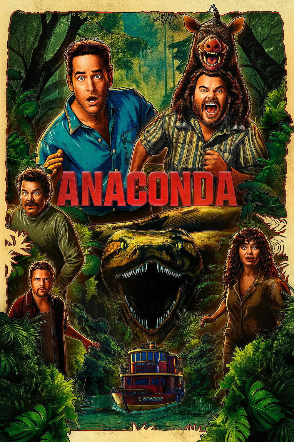 Illustrated movie poster titled "Anaconda." The top section features two men with surprised expressions in a jungle setting; one is wearing a blue shirt, while the other has a wide smile and is wearing a striped shirt with a small boar on his head. Below them, a large, menacing anaconda has its mouth open, revealing sharp teeth. Surrounding the snake are four additional characters: two men, one in green and the other in dark clothing, and a woman with curly hair in a brown outfit. At the bottom, a riverboat named "Benedita" is shown navigating through the jungle waters, framed by lush greenery.