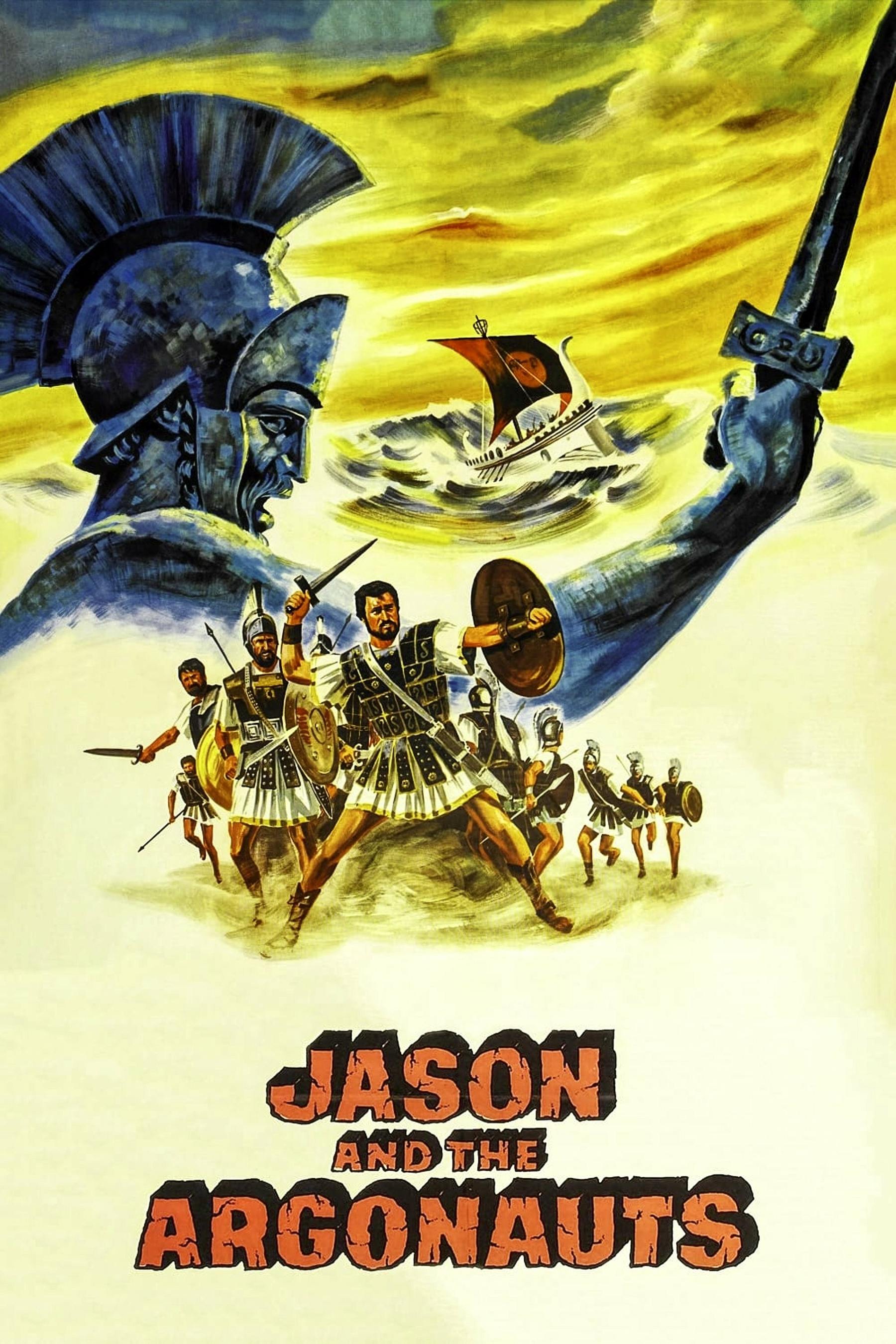 Illustrated movie poster for "Jason and the Argonauts." The image features a large armored figure with a helmet on the left and a massive hand holding a sword on the right. In the center, a group of warriors wearing ancient armor marches forward with weapons and shields. In the background, a ship sails on turbulent seas under a dramatic sky. The movie title is prominently displayed at the bottom.
