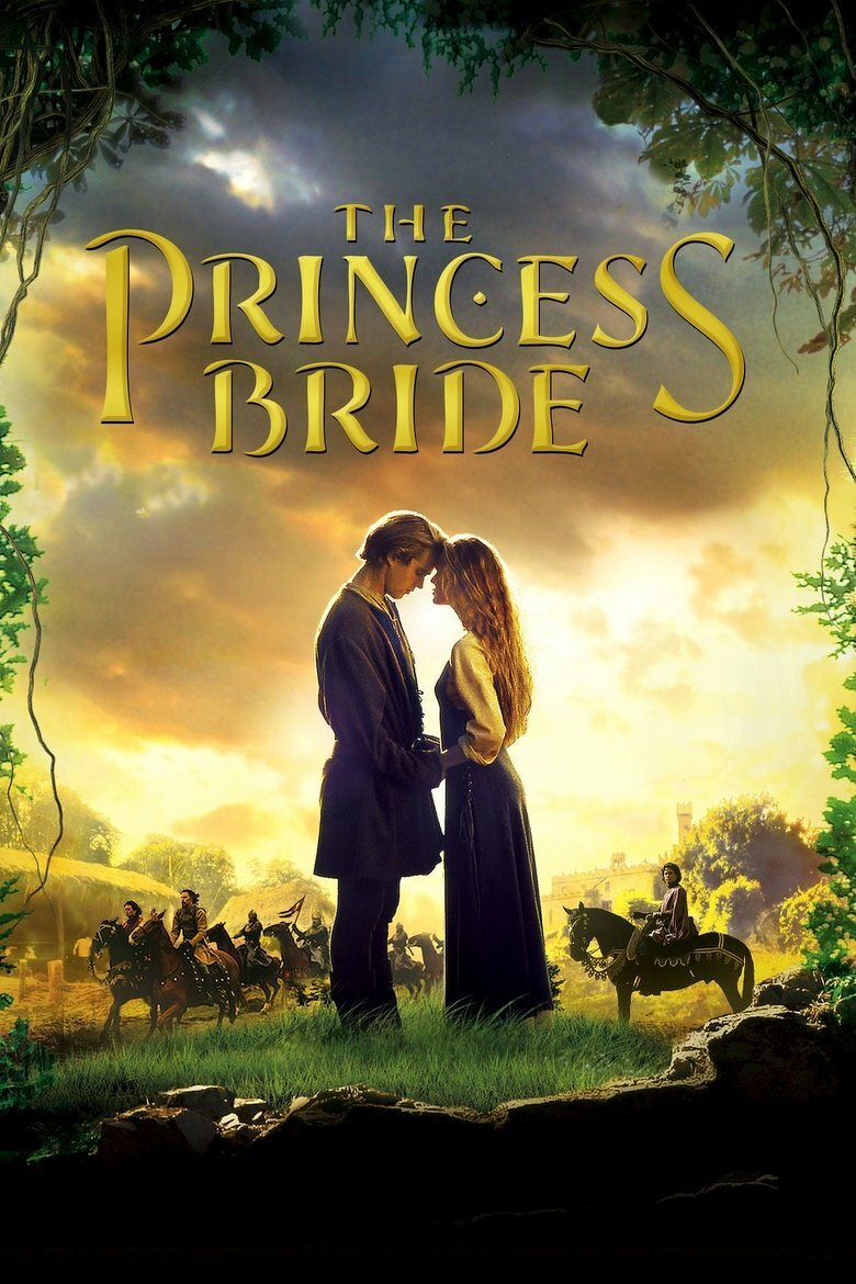 A movie poster for "The Princess Bride." The poster features a man and a woman standing in a field of grass. The man is wearing a dark blue coat and a black hat, while the woman is wearing a long yellow dress. They are facing each other and appear to be about to kiss. In the background, there are several men on horseback riding towards the couple. The sky is cloudy and the sun is shining through the clouds. The title of the movie is written in large, yellow letters at the top of the poster.
