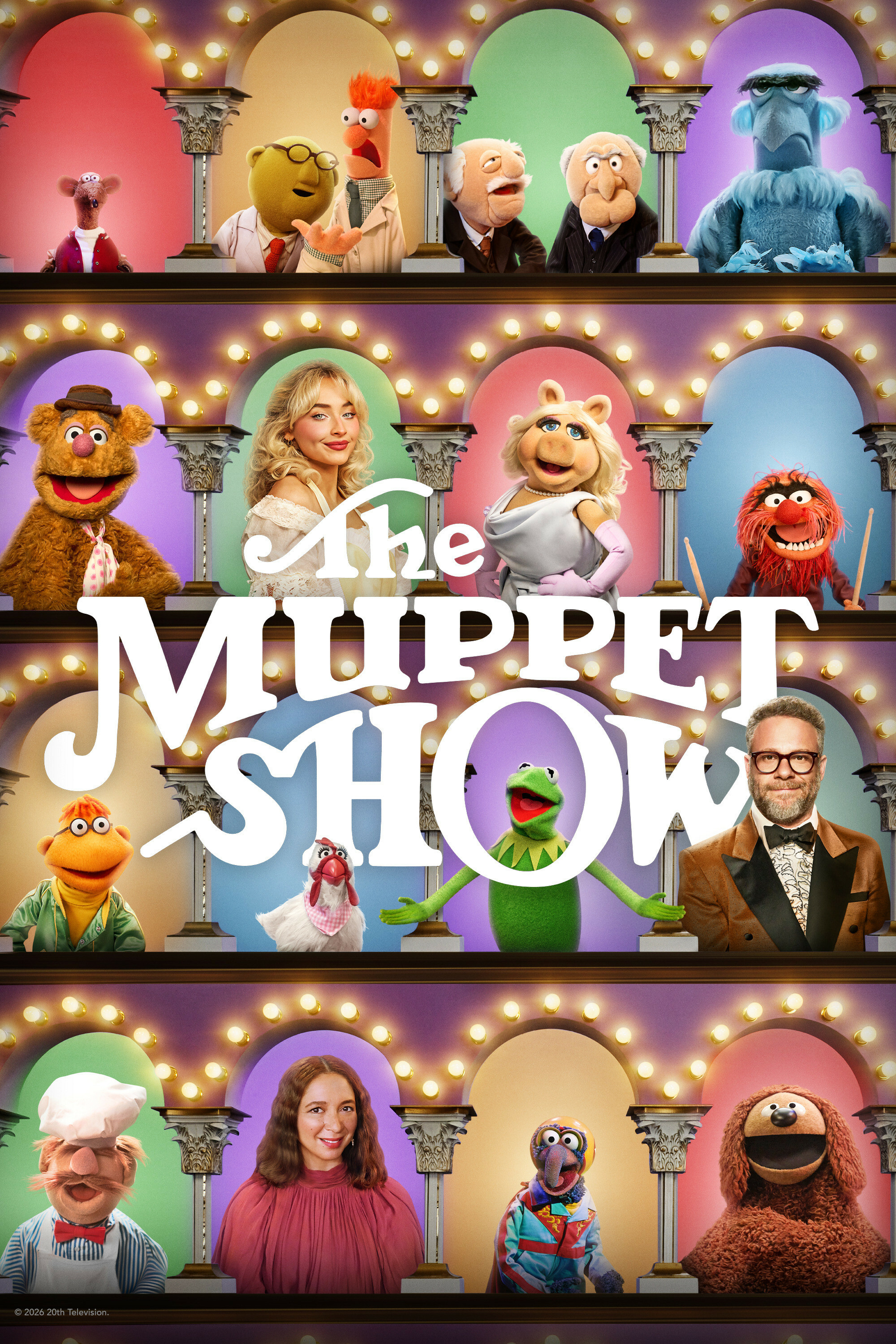 Poster for "The Muppet Show" featuring various Muppet characters and a few human guests. The characters, each framed in lit-up arches, include recognizable figures from the show, placed in three rows. Text in the center reads "The Muppet Show" in large, white letters. The colorful background enhances the festive and lively atmosphere.