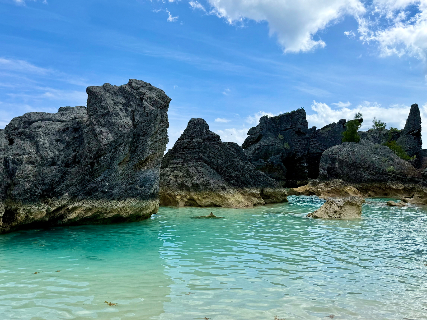 Turquoise ocean water with gentle ripples flows around large jagged rock formations along a rugged coastline. The rocks have sharp, layered textures and are partially submerged in the clear water, with some golden-brown patches at their bases. In the background, dark rocky cliffs rise against a bright blue sky scattered with white clouds. A few small green shrubs and trees grow on the rocks, adding a touch of vegetation to the otherwise stark, natural landscape. The shallow water near the shore transitions from pale sandy beige to deeper aquamarine hues.