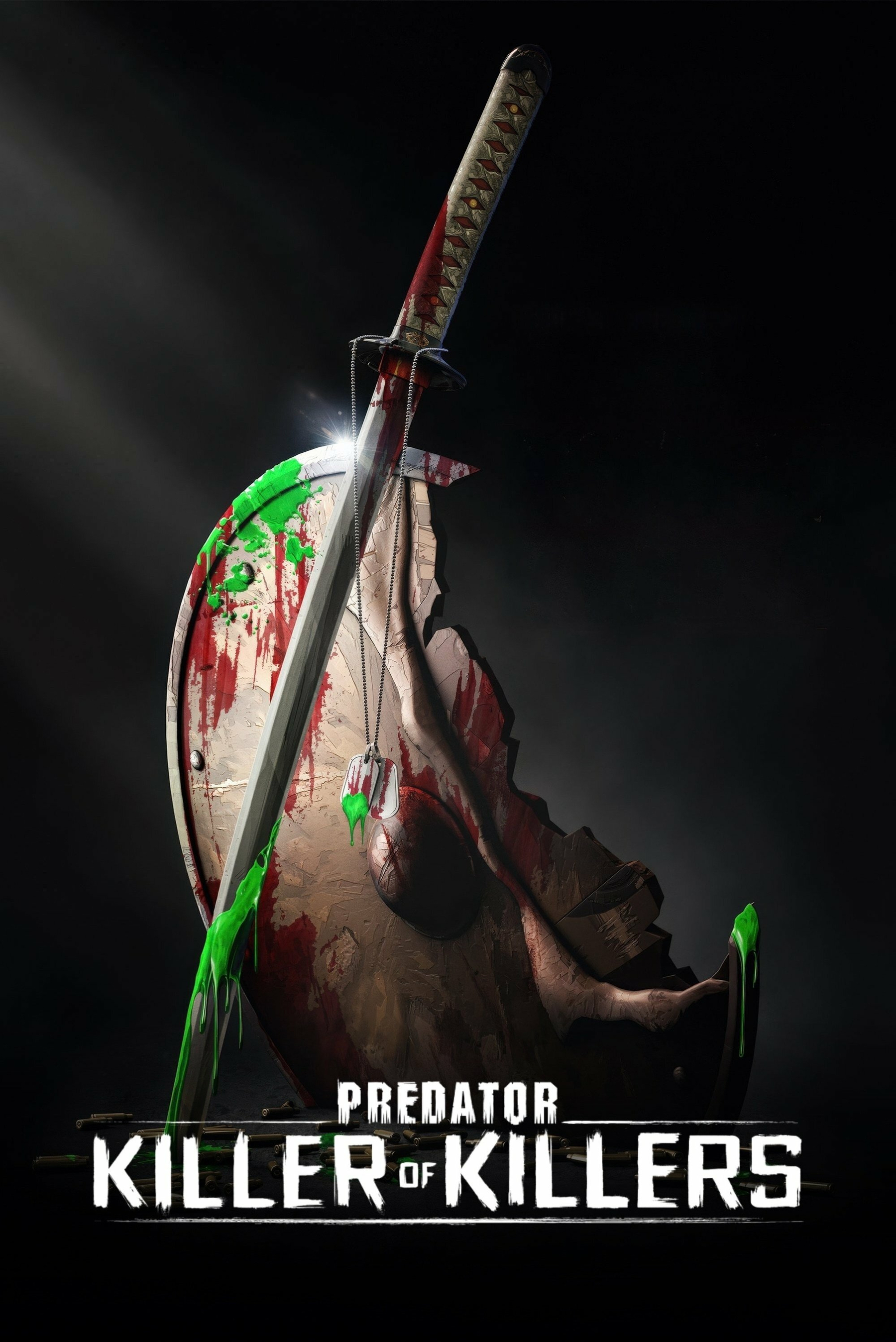 A dramatic image shows a bloodstained sword embedded into a shield with green fluid dripping from the blade. The shield has a distressed, cracked surface painted with red and green splatters. The background is dark, with light streaming onto the sword, emphasizing its sharpness. At the bottom, text reads "Predator: Killer of Killers."