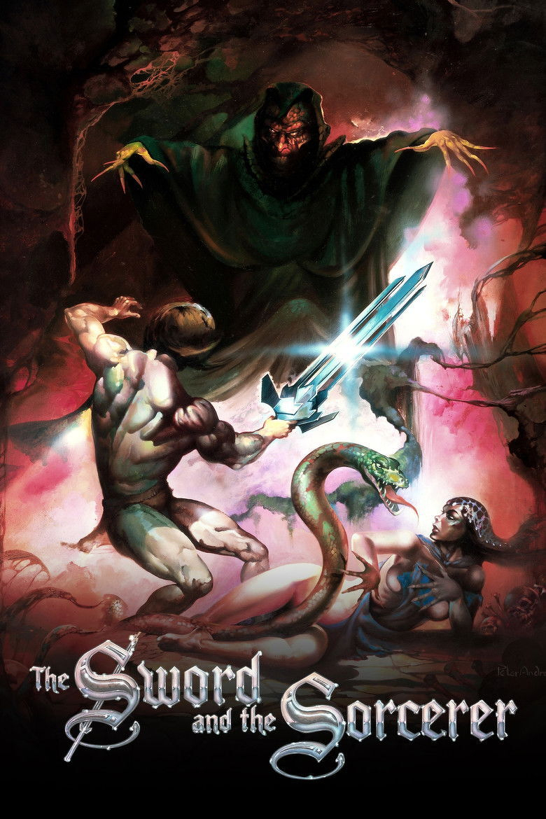 A fantasy artwork depicts a dark, ominous scene where a muscular warrior wields a glowing, three-bladed sword against a hooded sorcerer with a scarred, monstrous face. The sorcerer looms in the background with outstretched clawed hands, surrounded by swirling, smoky, red and purple hues. In the foreground, a large green serpent with fangs bared coils toward a partially nude woman, who lies on the ground with a terrified expression, reaching up defensively. Twisted tree roots and skeletal remains are scattered around the bottom of the image, enhancing the dark, otherworldly atmosphere. At the bottom, in ornate silver medieval-style lettering, are the words: “The Sword and the Sorcerer.”