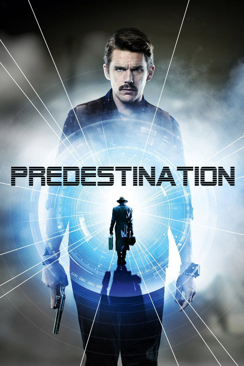 A man with a serious expression and a mustache stands against a smoky, futuristic background with a glowing circular pattern radiating from his chest. He is holding a gun in one hand and has a device strapped to his wrist. In the center of the image, a silhouette of a person in a long coat and hat carrying a briefcase walks into the glowing circular pattern that resembles a portal or time-travel interface. Radiating white lines and a blue energy-like effect surround the circular pattern, giving a sci-fi and time-travel aesthetic. The word "PREDESTINATION" is displayed in bold, futuristic lettering across the middle of the image.